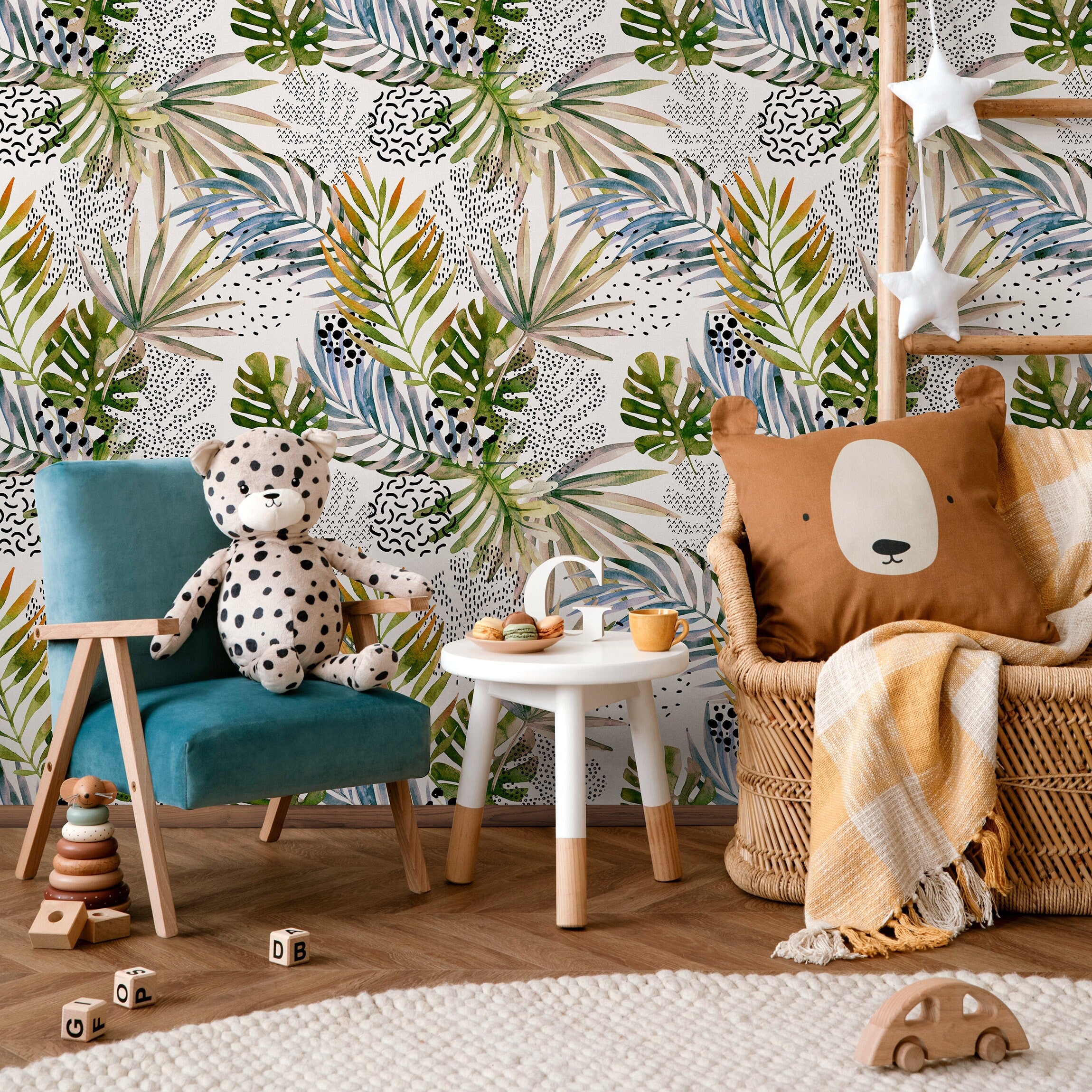 Botanical Wallpaper With Abstract Palm Leaves In Green, Blue, And Orange - B002