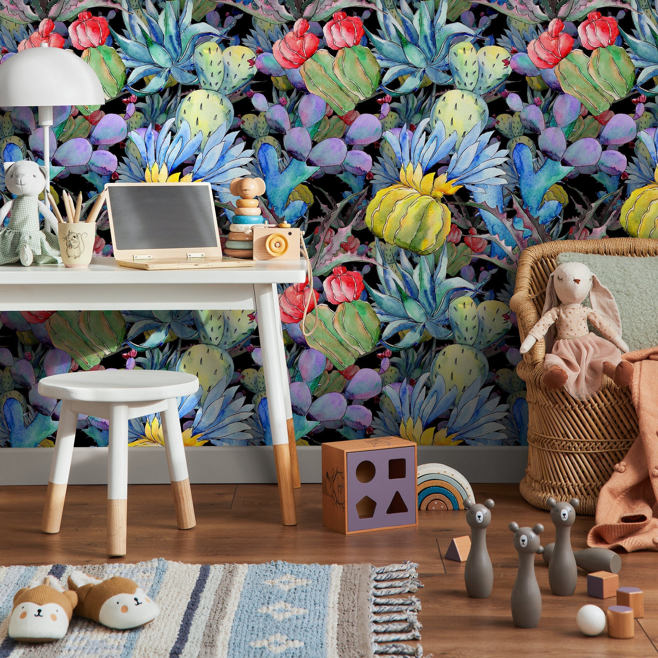 Cactus Wallpaper With A Watercolor Succulent Motif In Blue, Green, And Purple - B009