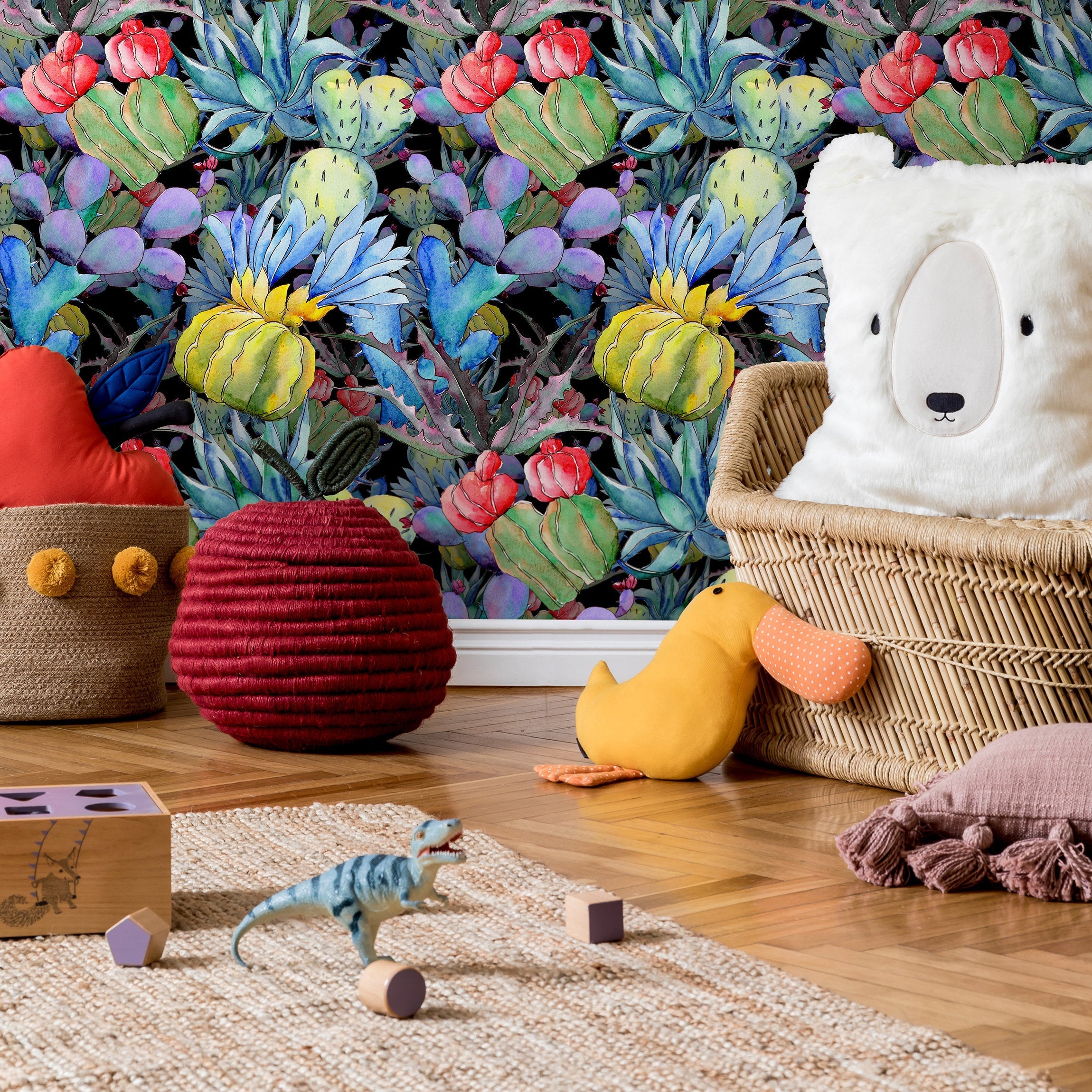 Cactus Wallpaper With A Watercolor Succulent Motif In Blue, Green, And Purple - B009