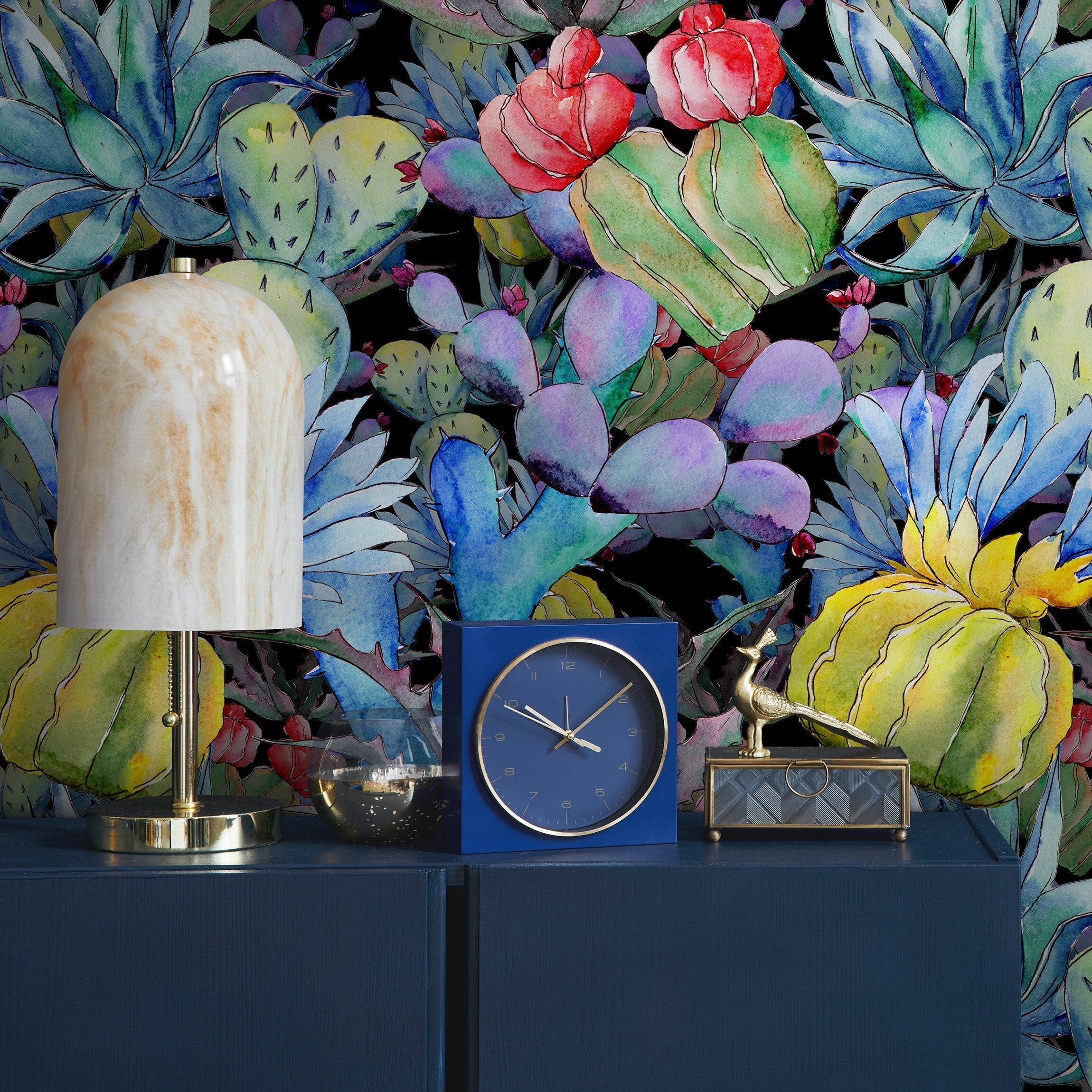 Cactus Wallpaper With A Watercolor Succulent Motif In Blue, Green, And Purple - B009