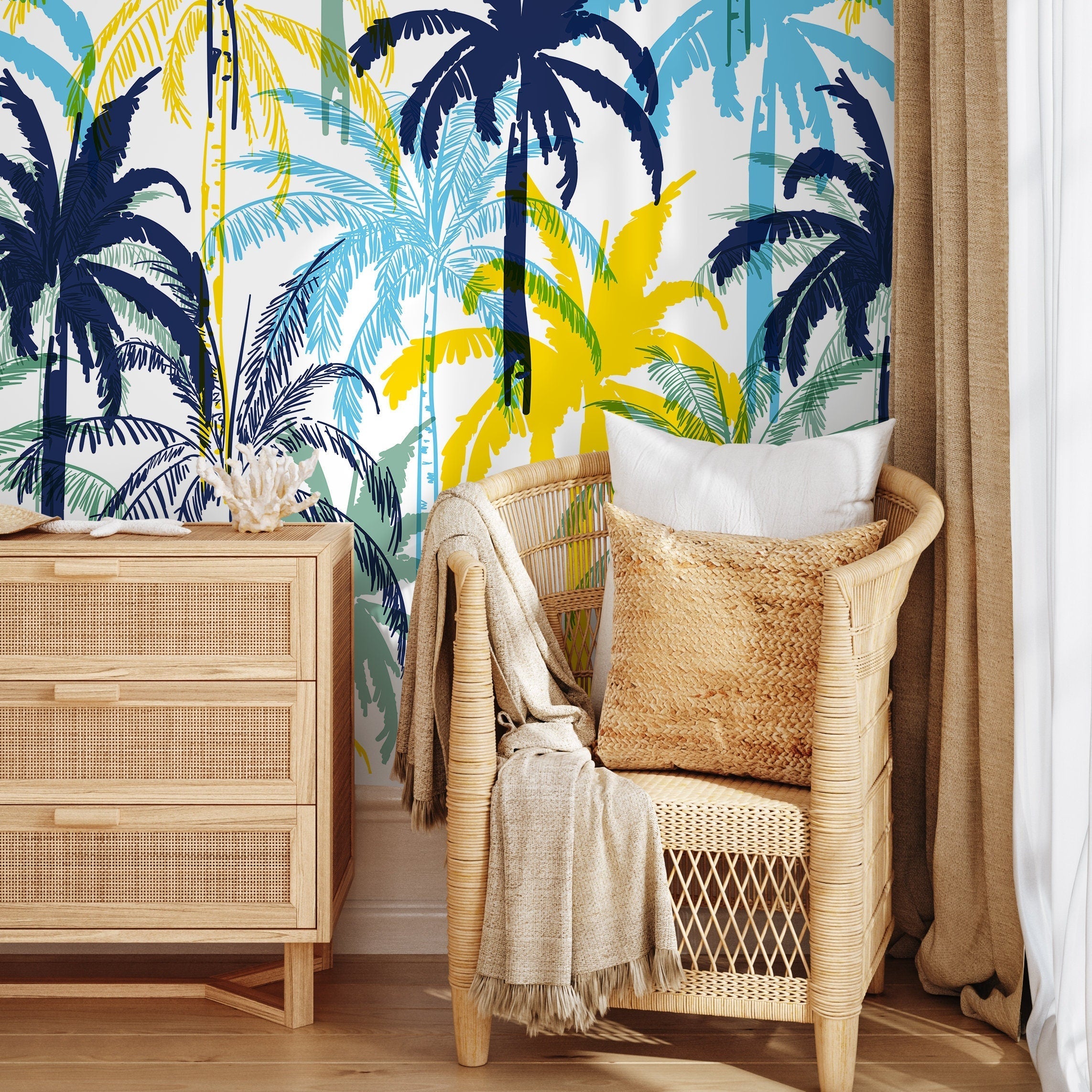 Tropical Wallpaper With Stylized Palm Trees In Blue, Yellow, And Green - B012