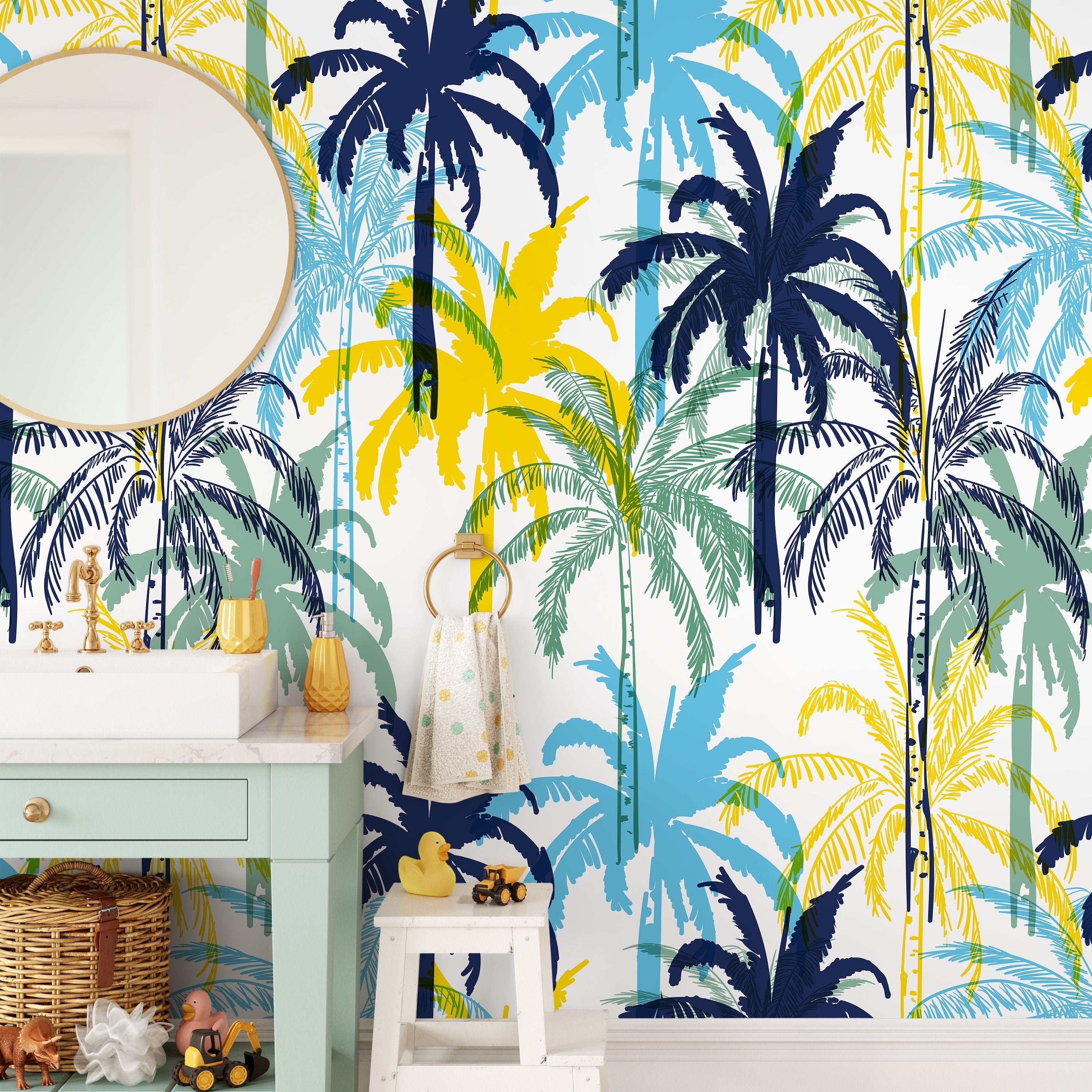 Tropical Wallpaper With Stylized Palm Trees In Blue, Yellow, And Green - B012