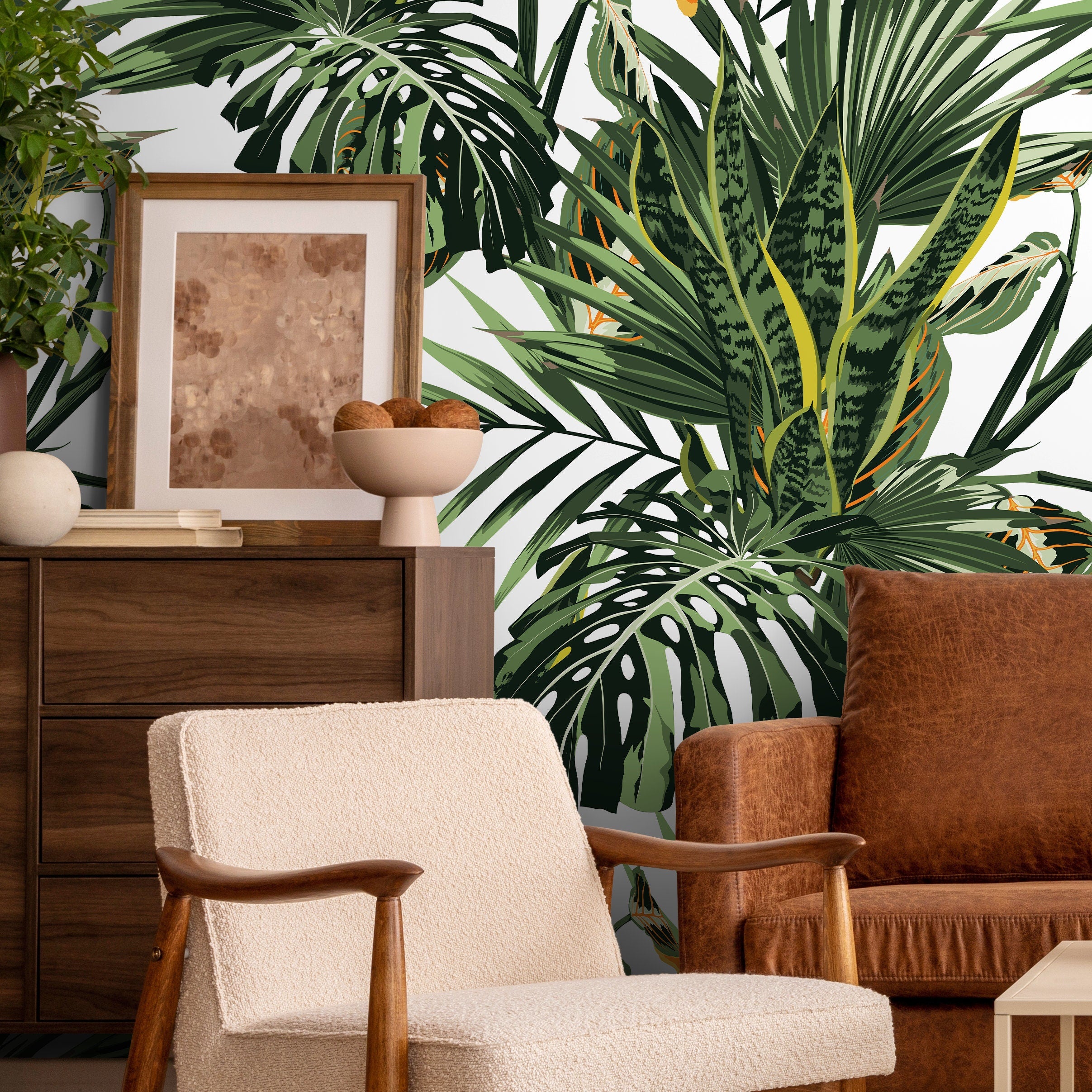 Tropical Wallpaper With Lush Jungle Leaves In Green And Yellow - B021