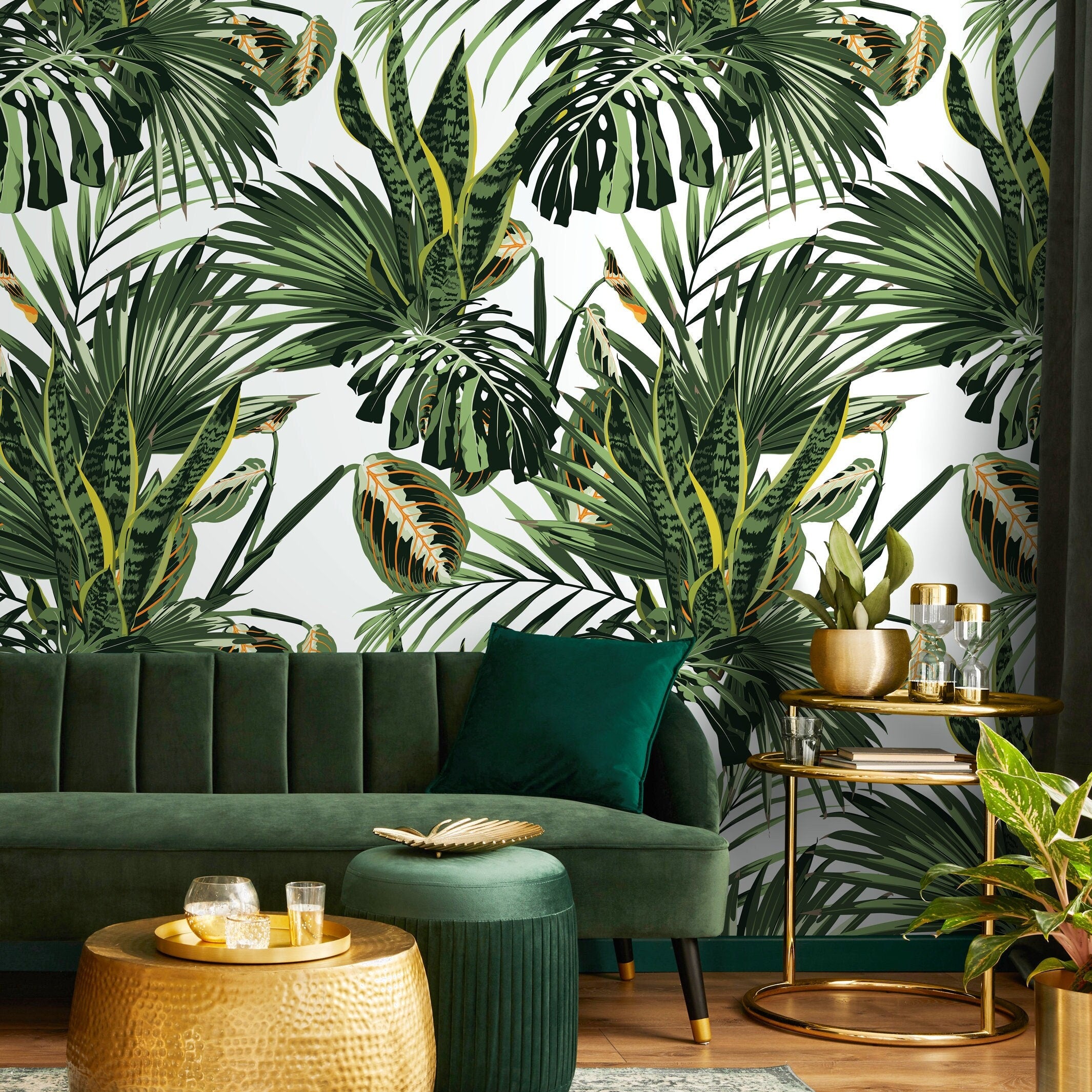 Tropical Wallpaper With Lush Jungle Leaves In Green And Yellow - B021