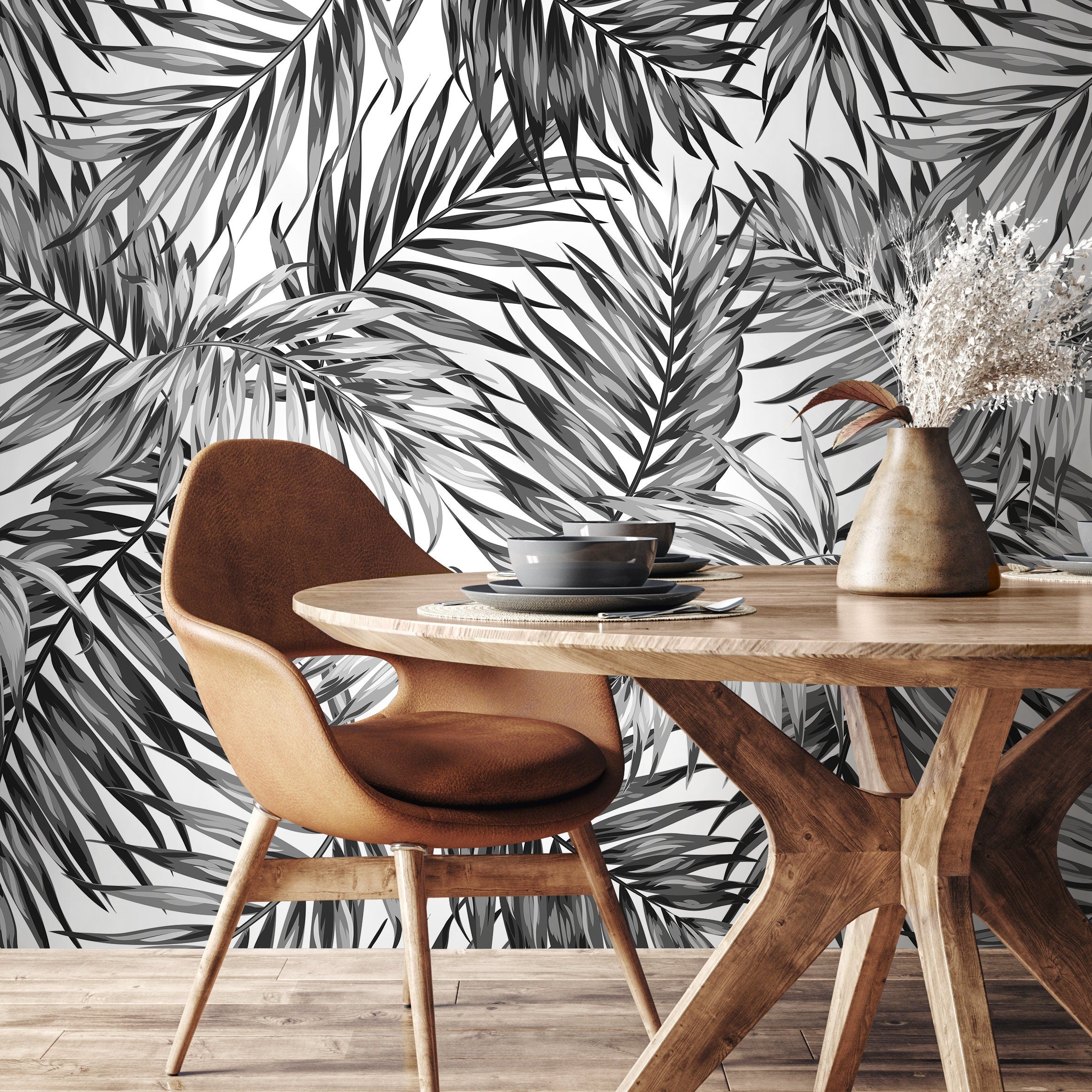 Botanical Wallpaper With Overlapping Palm Leaves In Black And Grey - B031