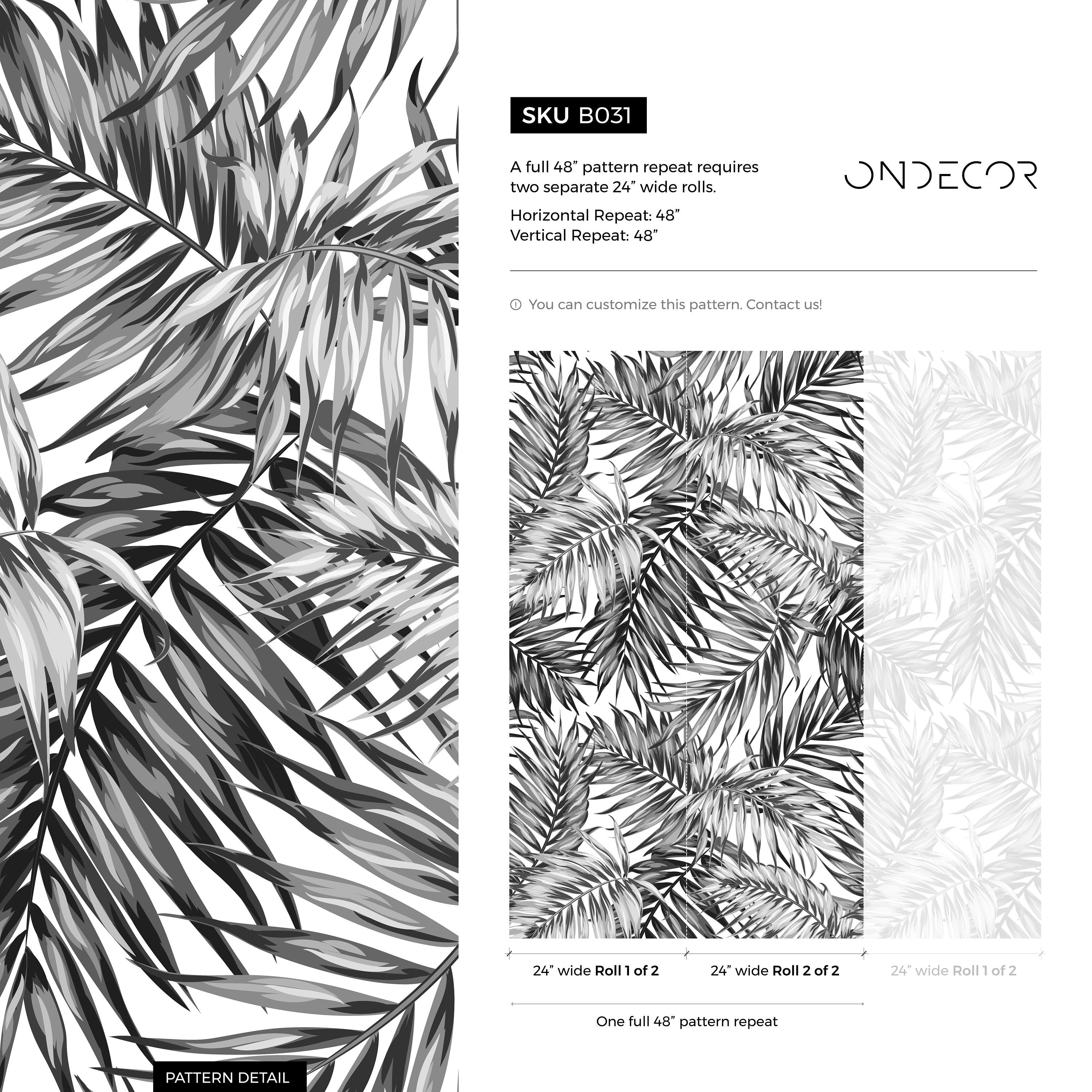 Botanical Wallpaper With Overlapping Palm Leaves In Black And Grey - B031