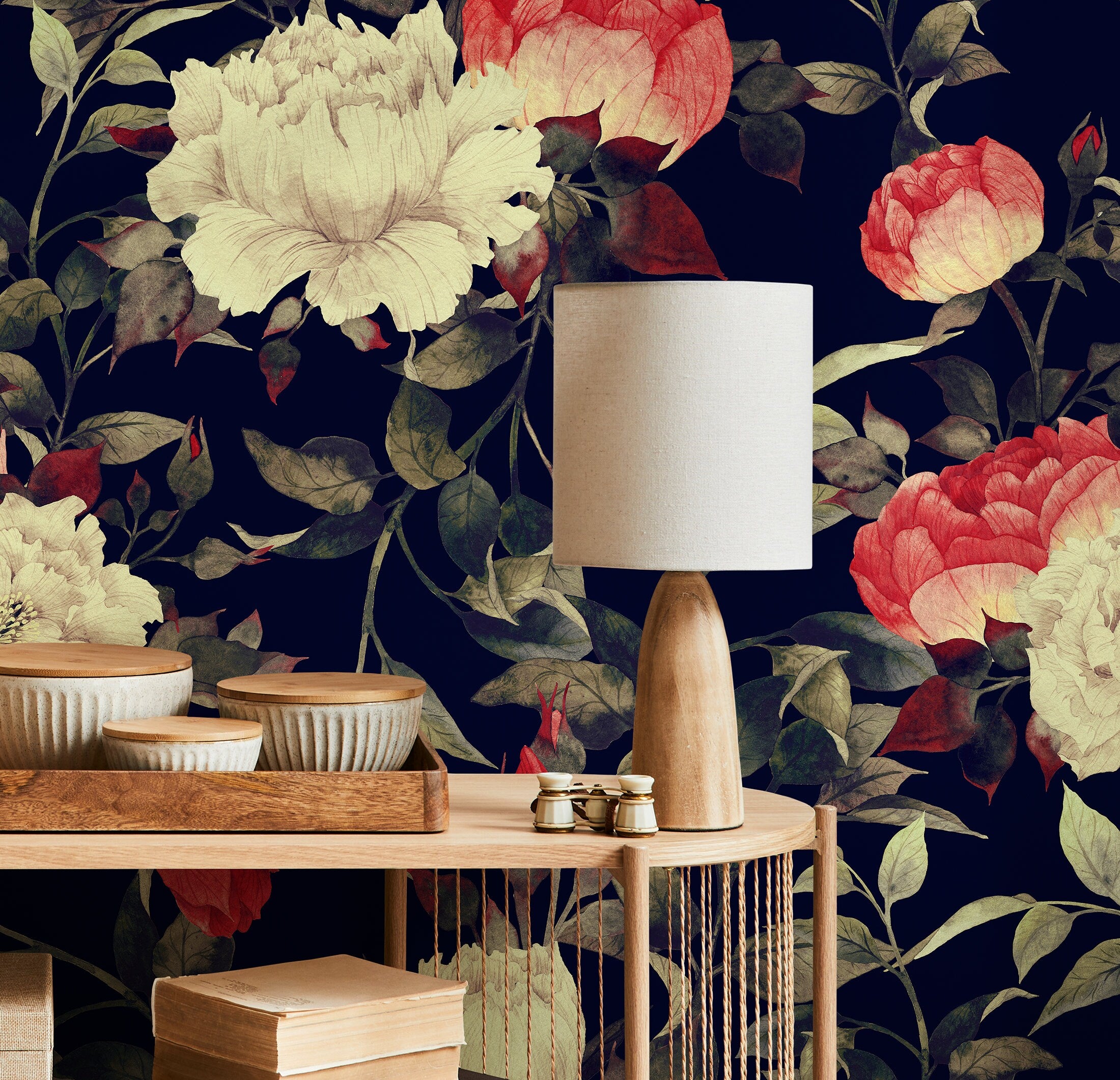 Floral Wallpaper With Vintage Peonies In Dark Blue, Red, And Cream - B033