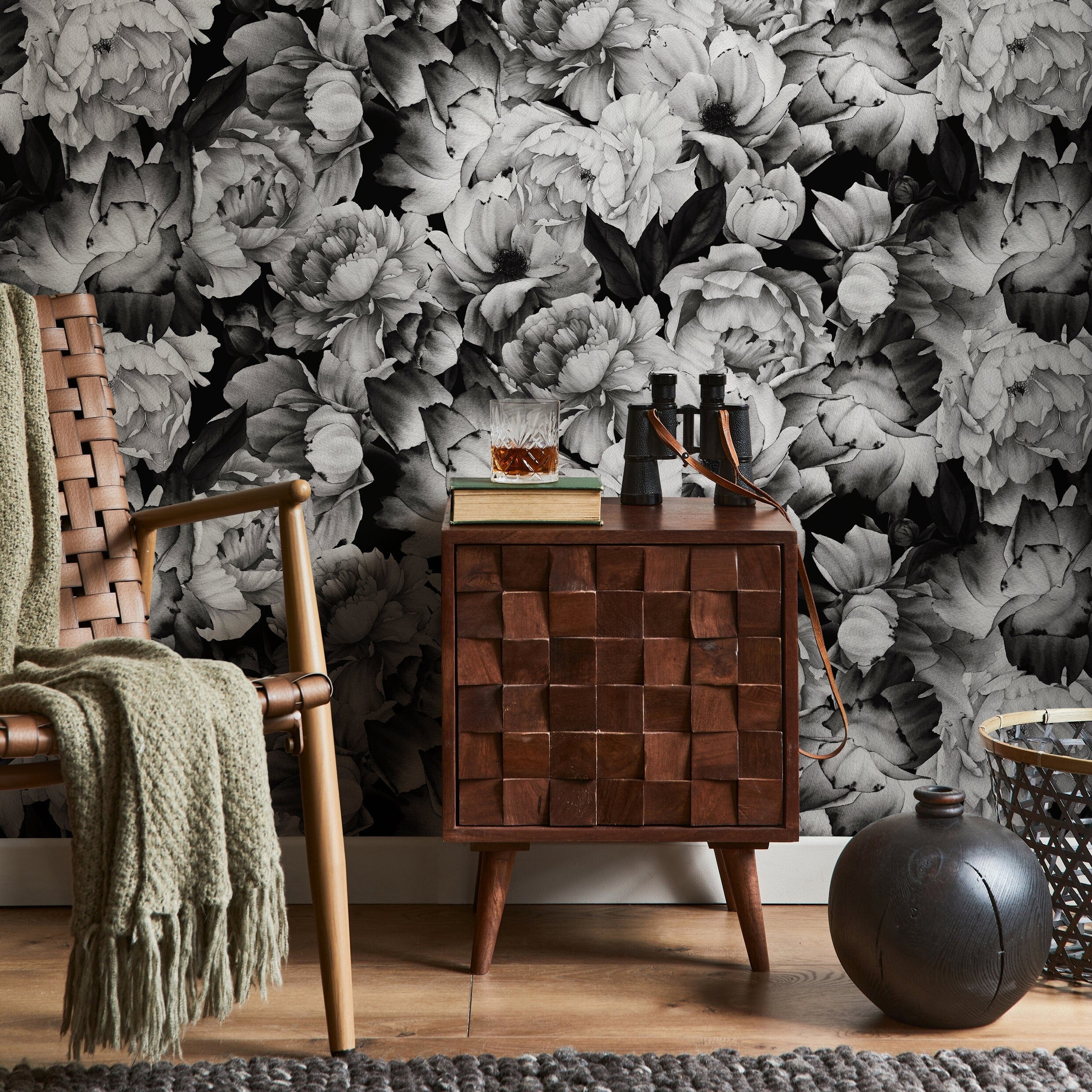 Floral Wallpaper With Watercolor Peonies In Black And White - B045