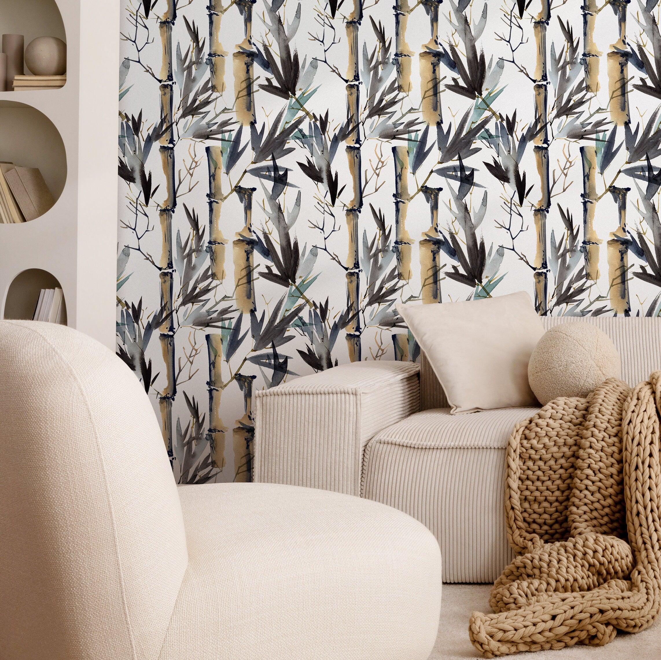 Japanese Wallpaper With A Watercolor Bamboo Forest Motif In Beige, Blue, And Black - B052