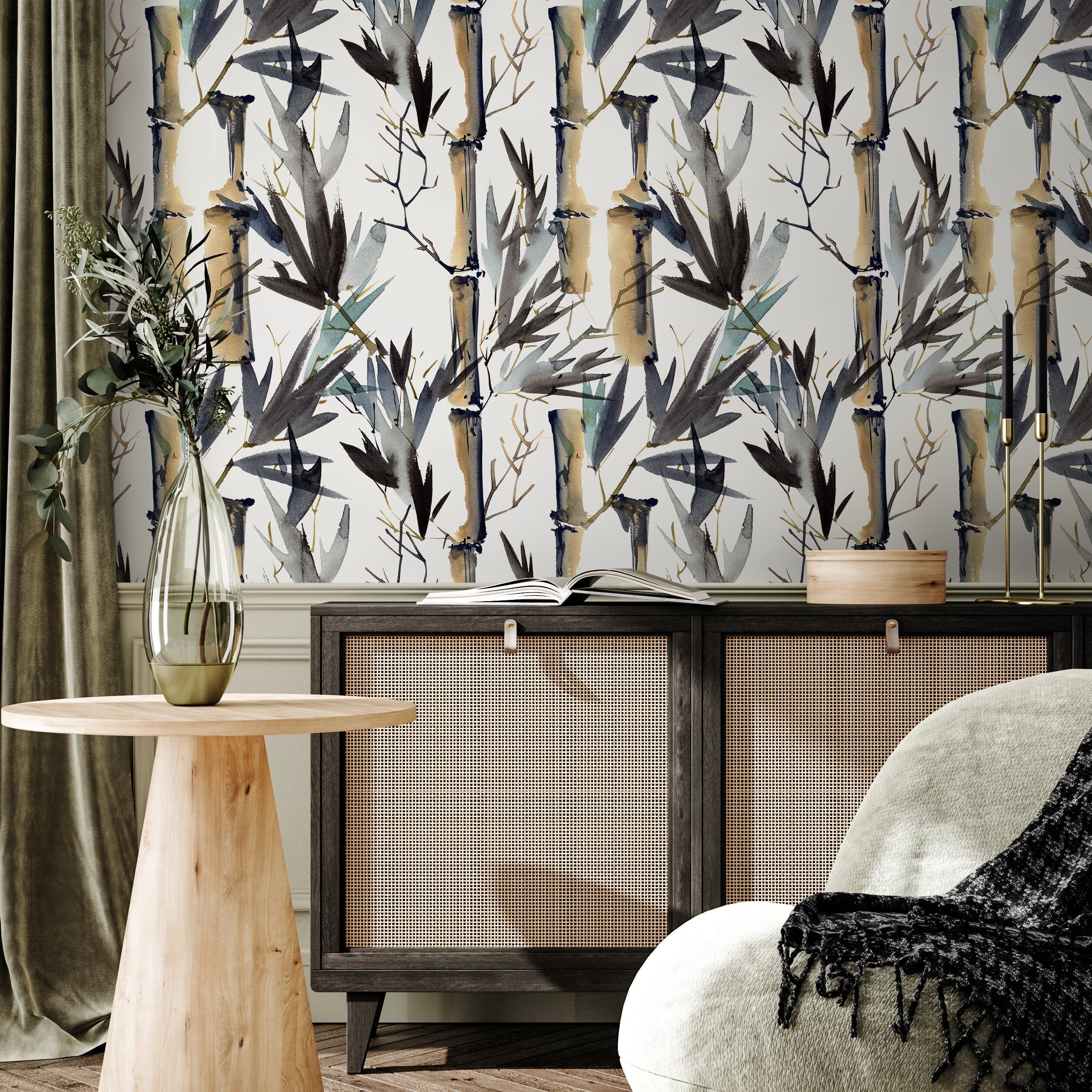 Japanese Wallpaper With A Watercolor Bamboo Forest Motif In Beige, Blue, And Black - B052