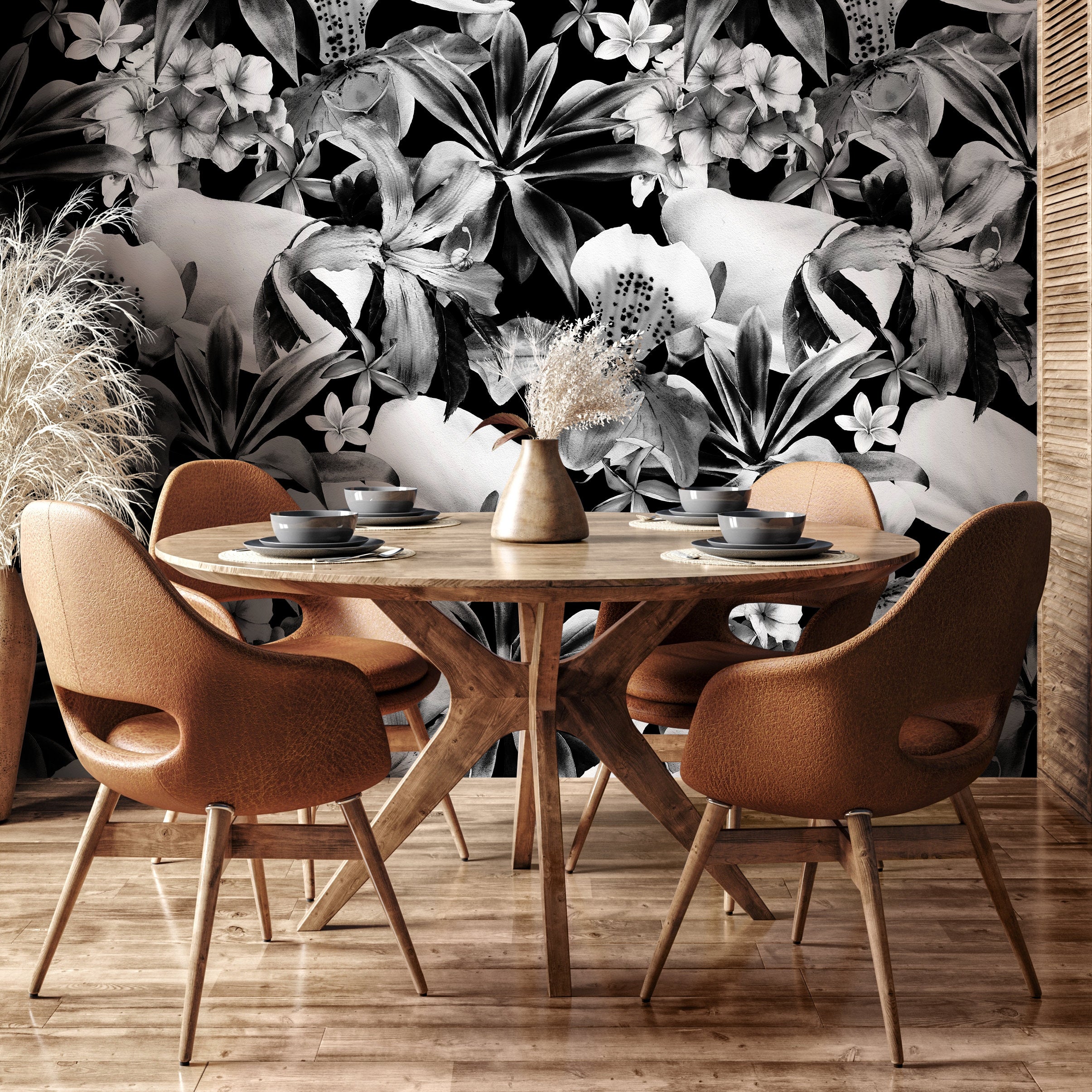 Botanical Wallpaper Featuring Tropical Flowers In Black And White - B054