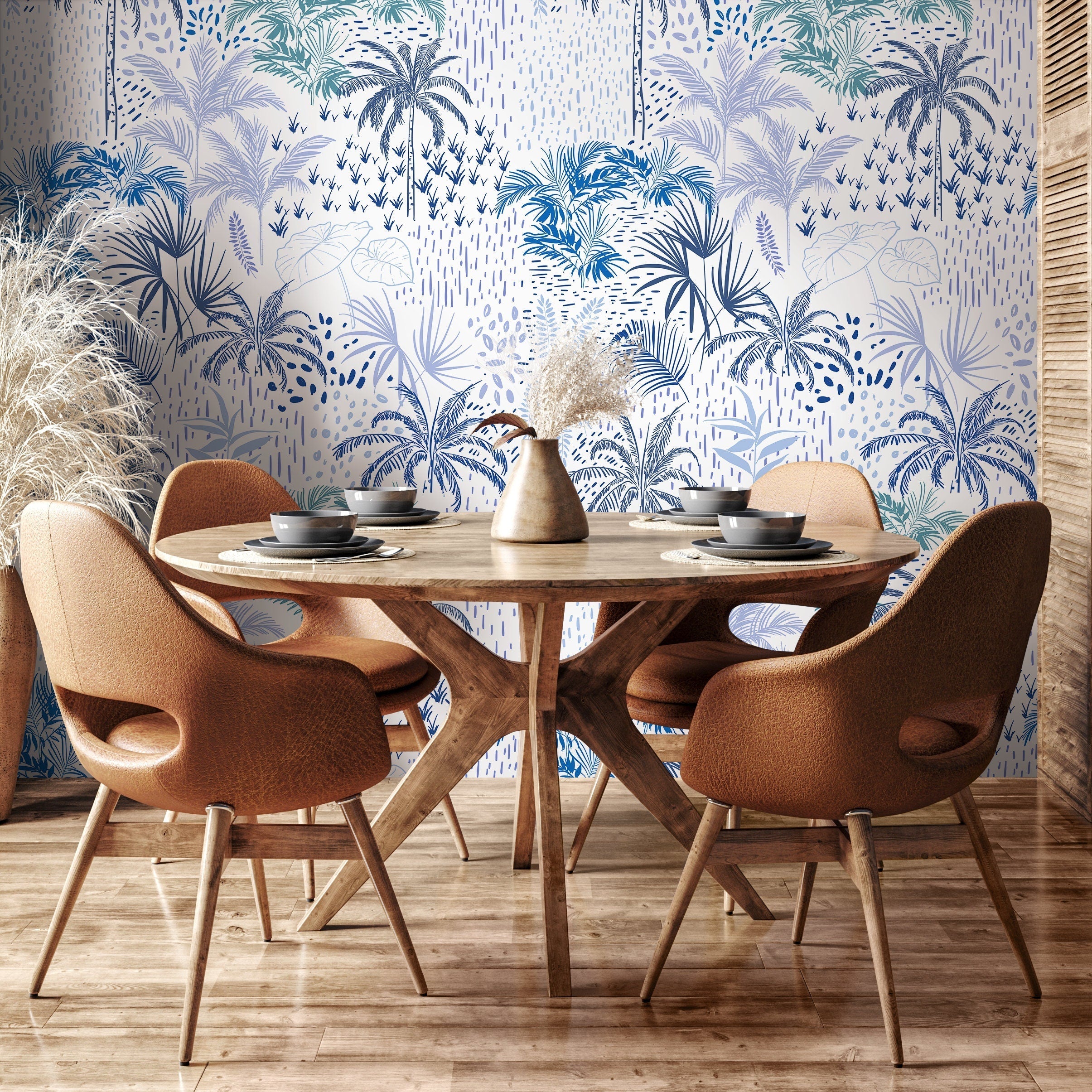Botanical Wallpaper Featuring A Coastal Palm Motif In Dark Blue And Light Blue - B089