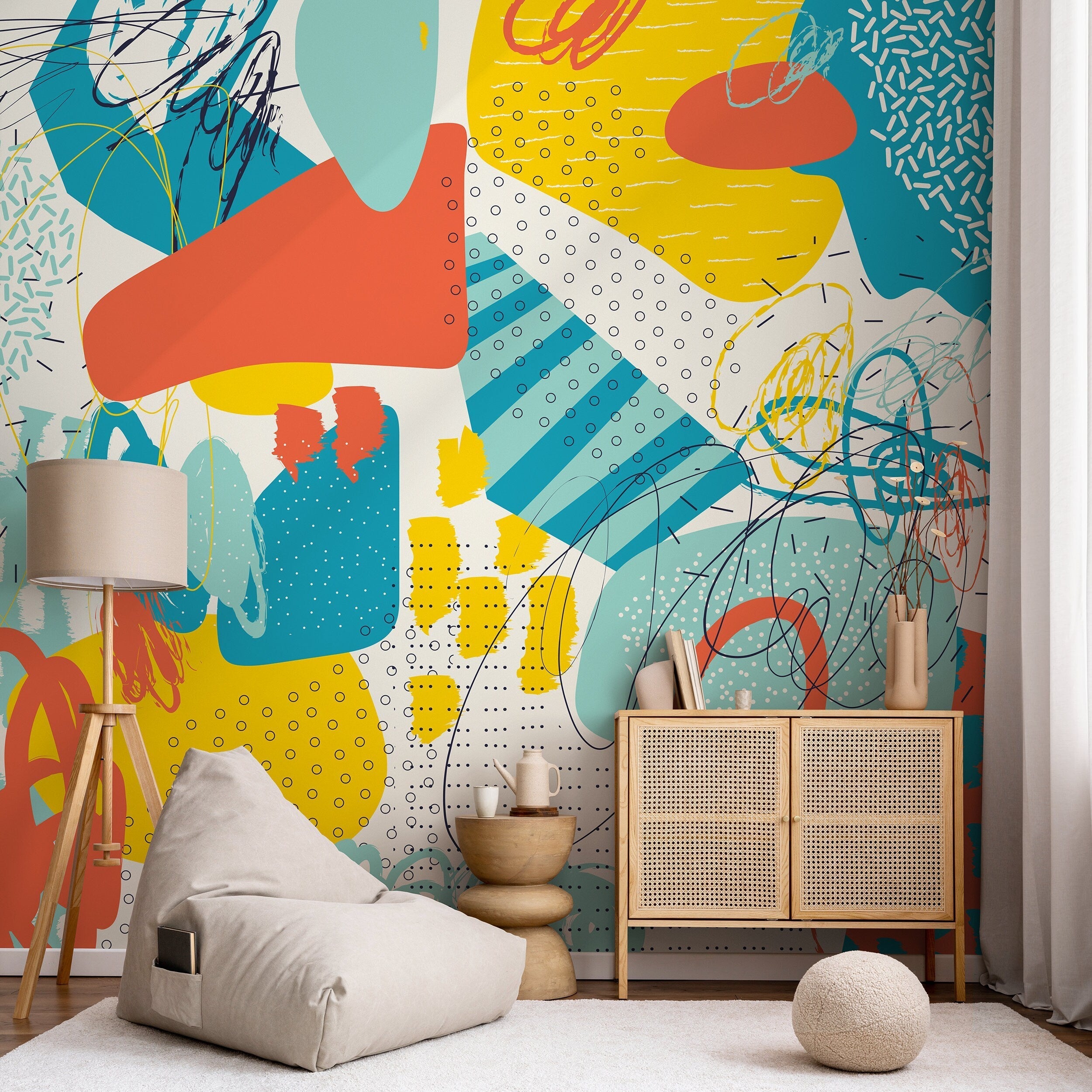 Abstract Wallpaper With A Colorful Collage Of Shapes In Orange, Yellow, And Blue - B090