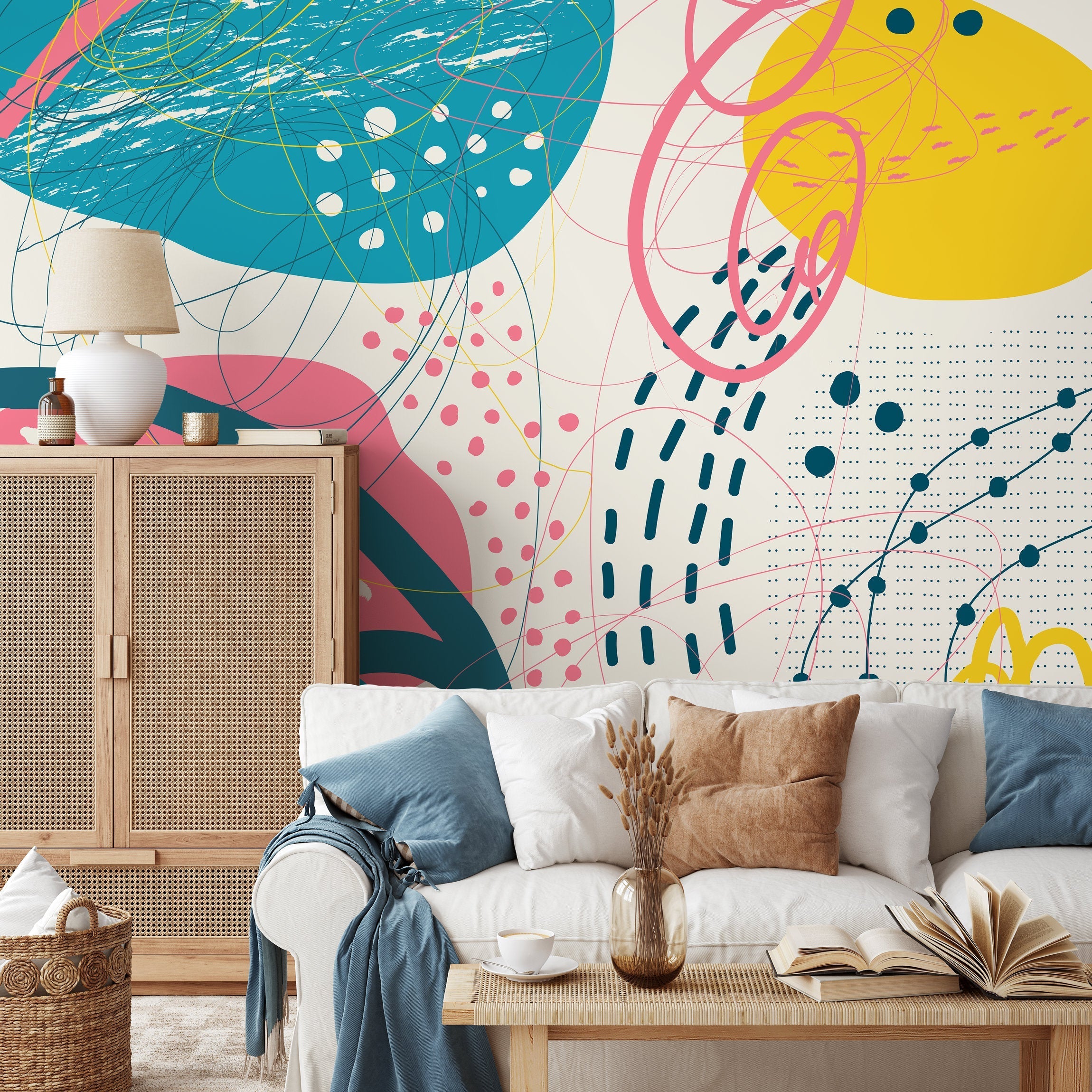 Abstract Wallpaper With A Playful Collage Of Shapes In Teal, Pink, And Yellow - B095