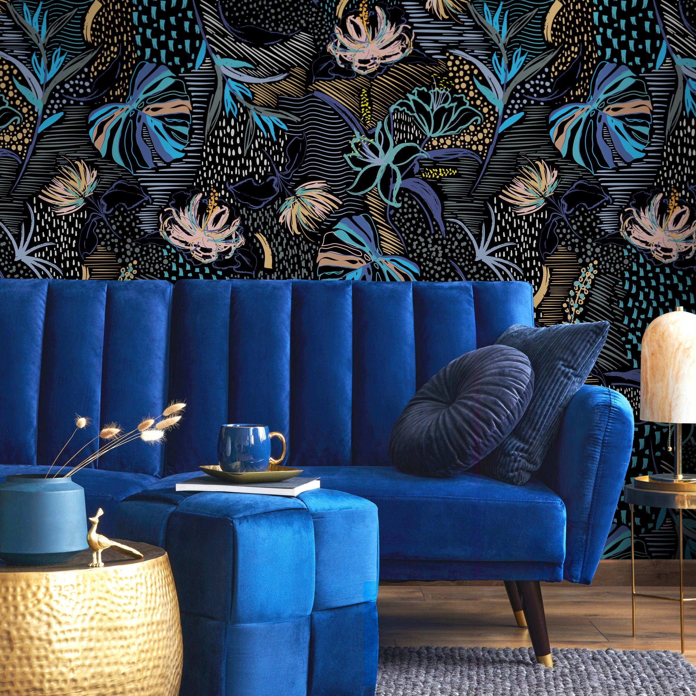 Abstract Wallpaper With Painterly Botanicals In Blue, Gold, And Pink - B096