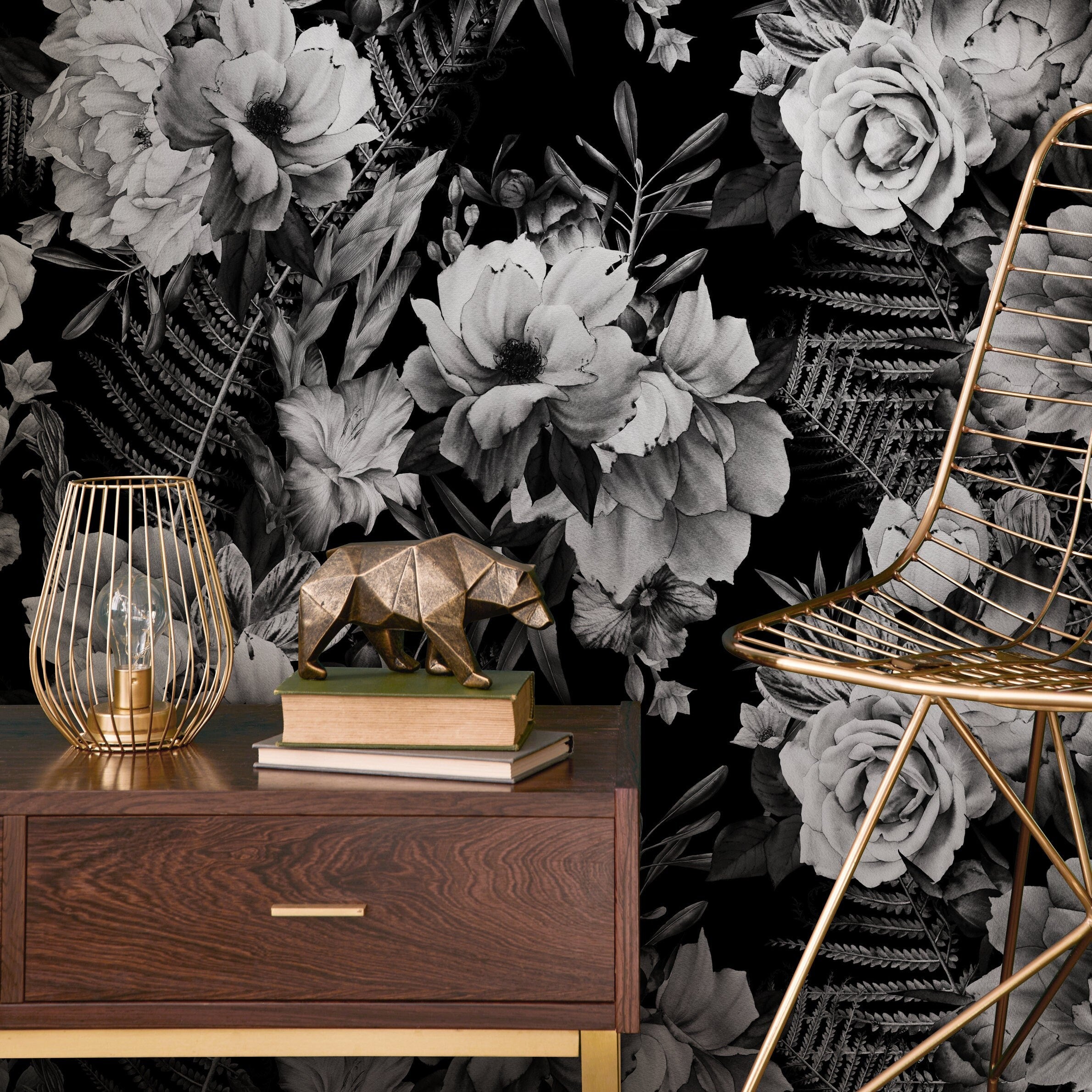 Floral Wallpaper With Dramatic Peonies And Roses In Black And White - B099