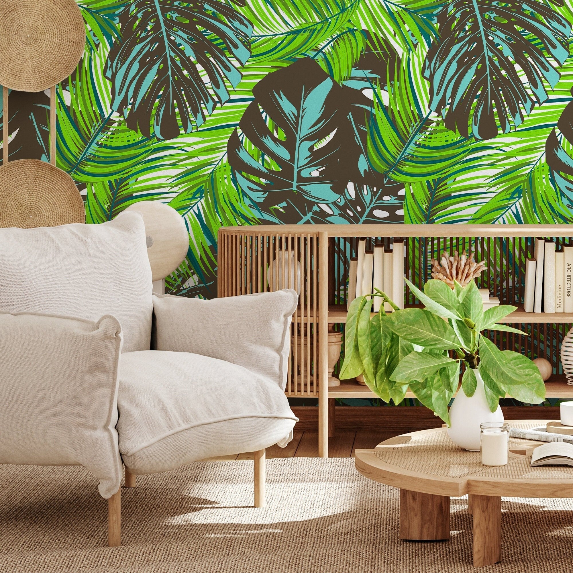 Tropical Wallpaper With Lush Monstera Leaves In Green, Blue, And Brown - B104