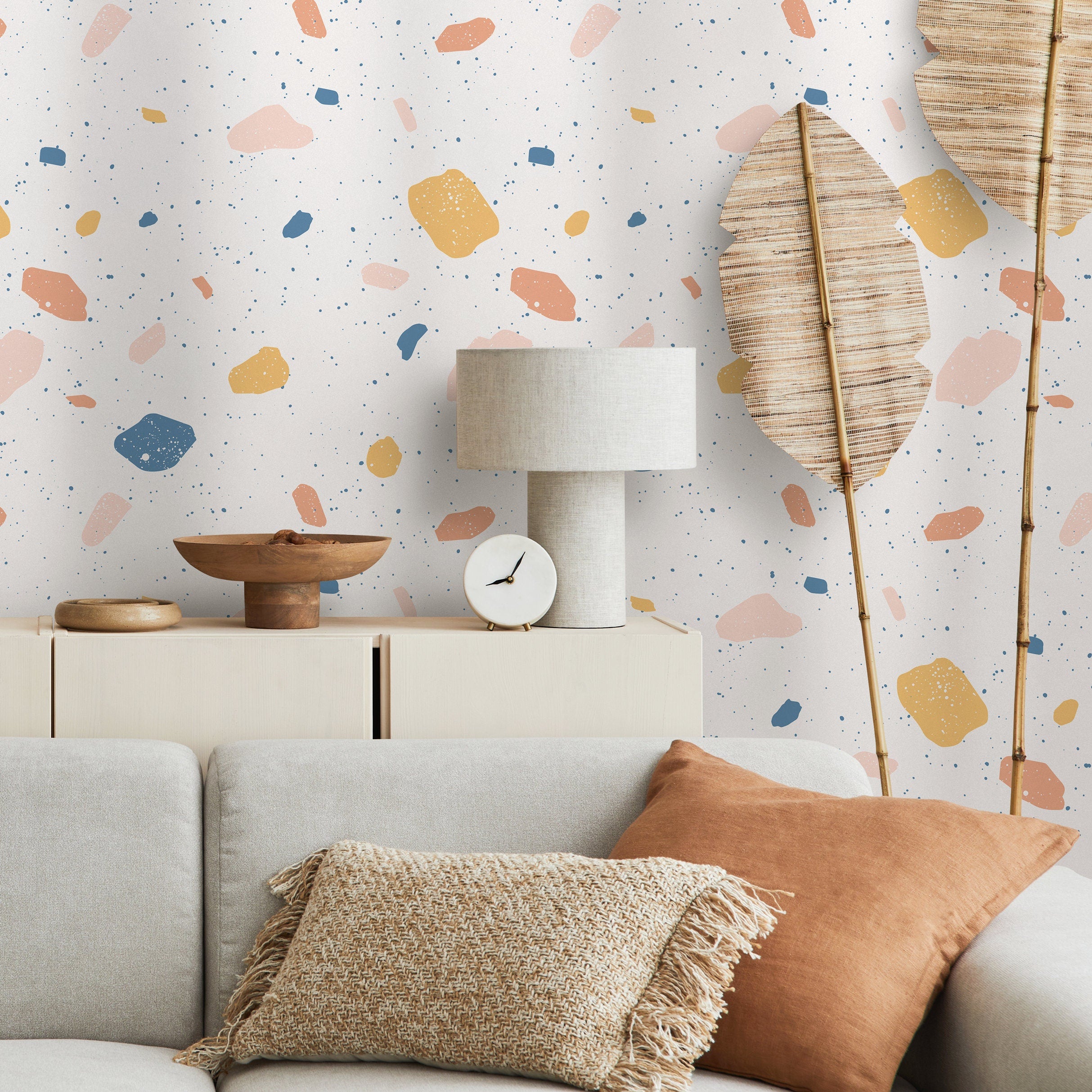 Terrazzo Wallpaper With Abstract Stone Chips In Blue, Pink, And Yellow - B111