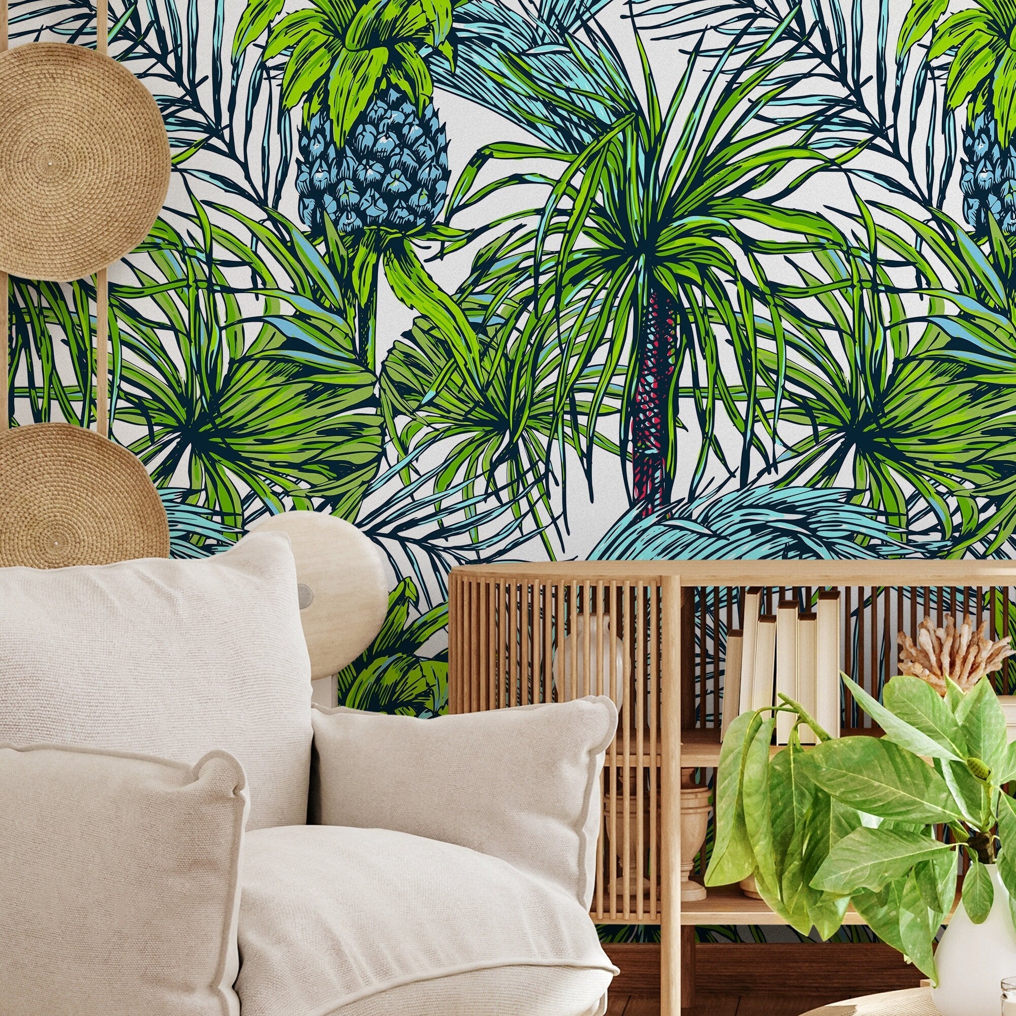 Tropical Wallpaper With Palm Leaves And Pineapples In Green And Blue - B113