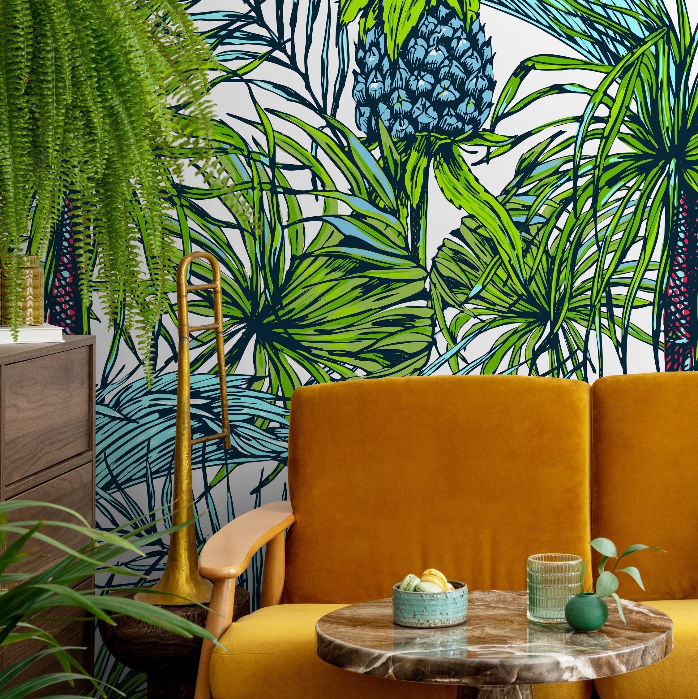 Tropical Wallpaper With Palm Leaves And Pineapples In Green And Blue - B113