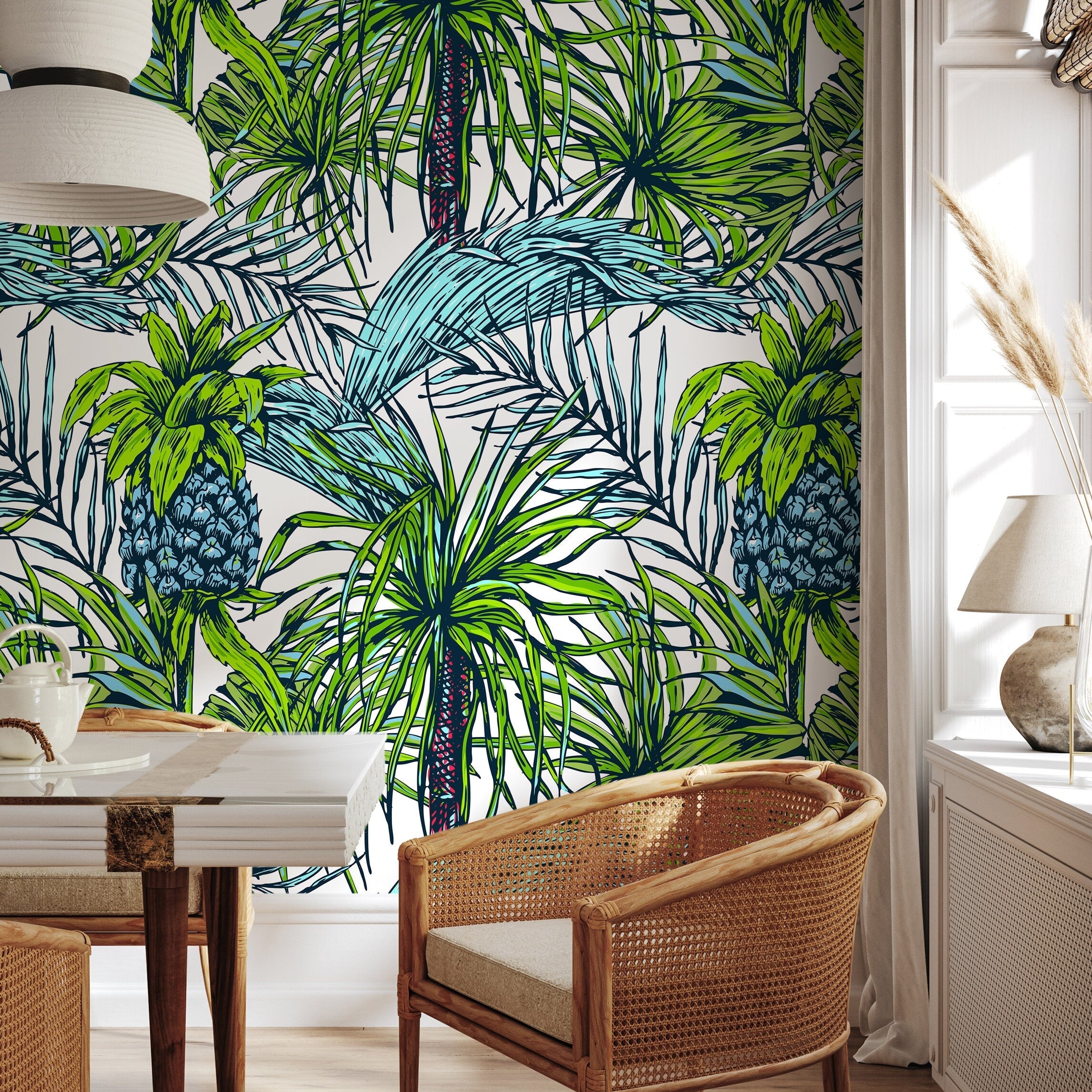 Tropical Wallpaper With Palm Leaves And Pineapples In Green And Blue - B113