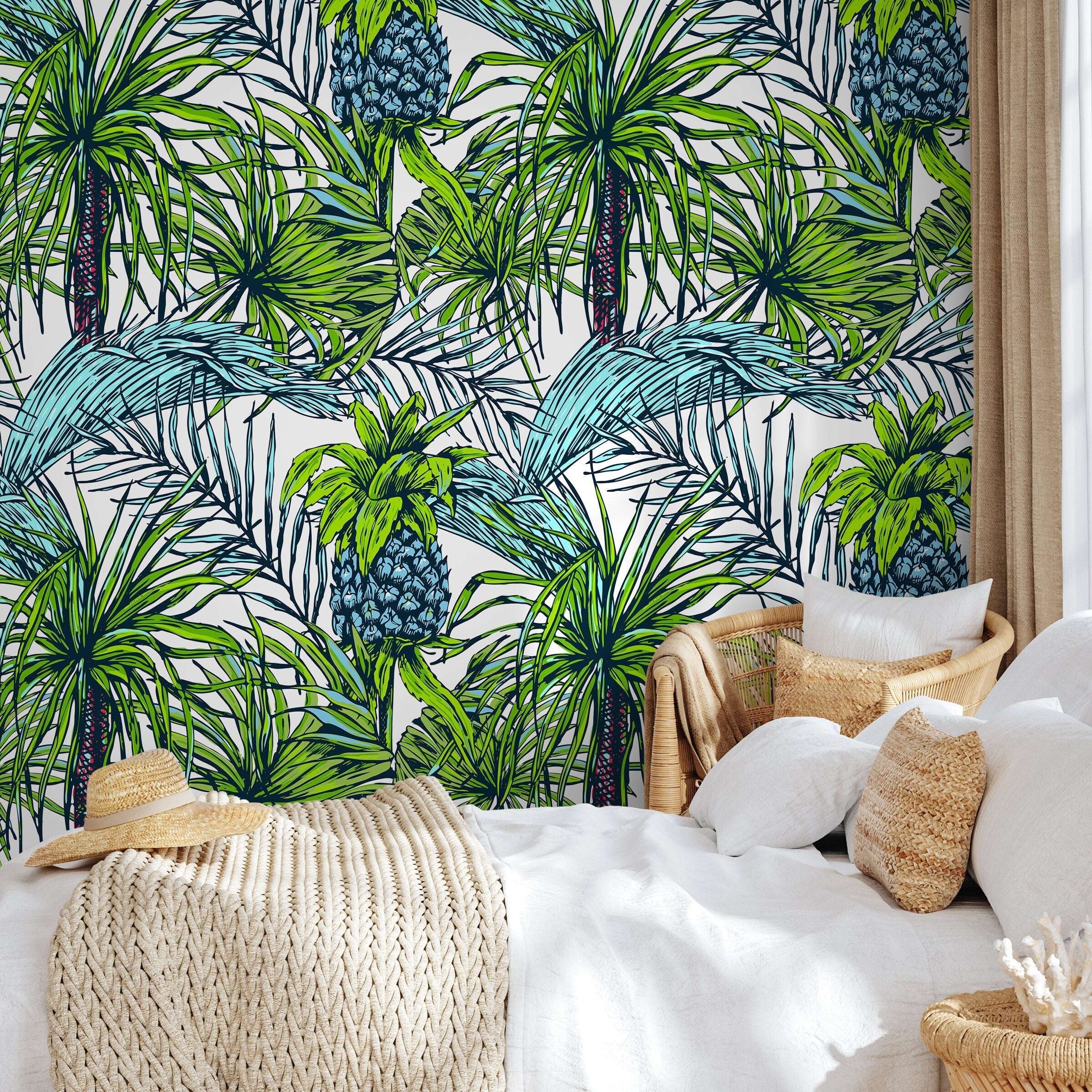 Tropical Wallpaper With Palm Leaves And Pineapples In Green And Blue - B113