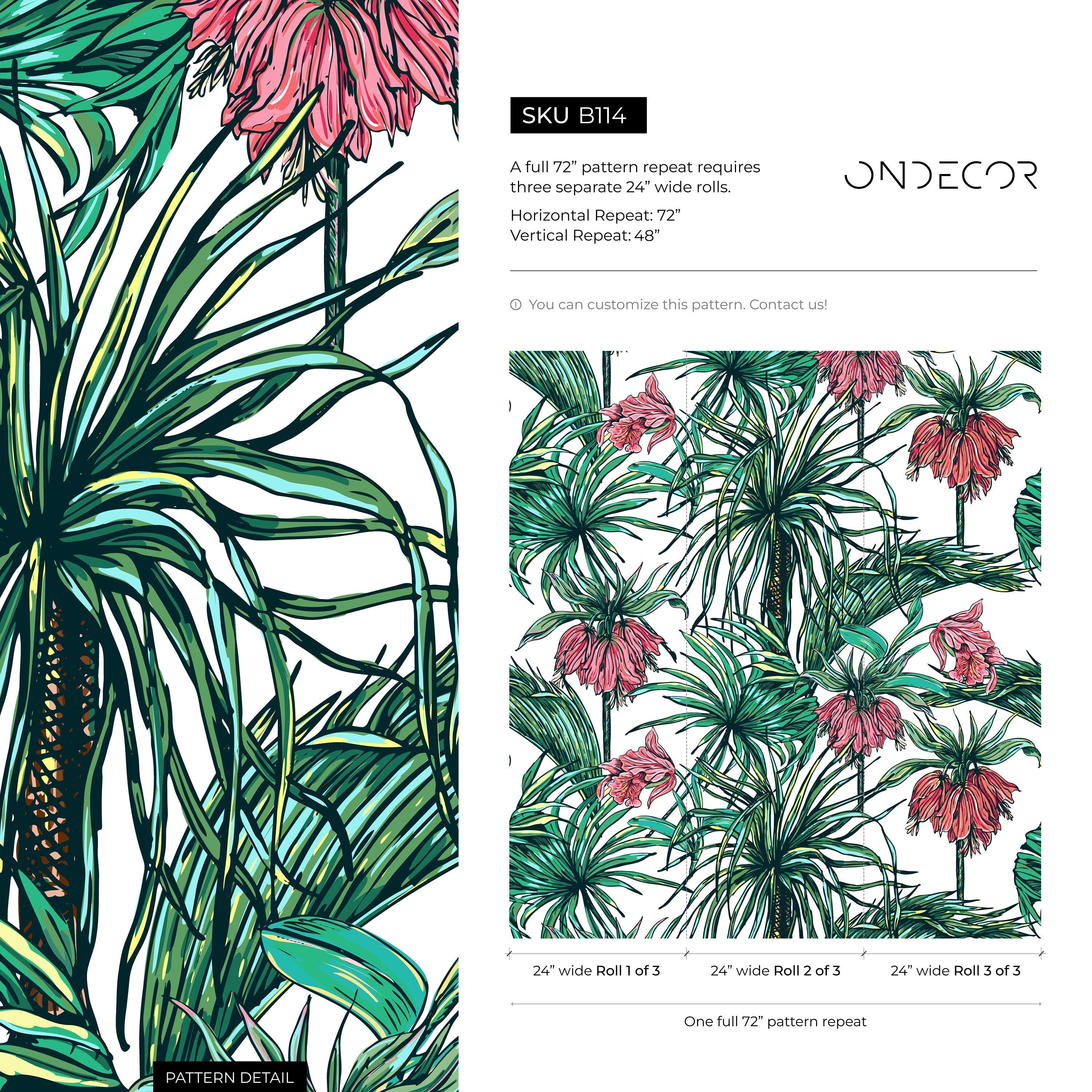 Tropical Wallpaper With Exotic Flowers And Palm Leaves In Green And Red - B114
