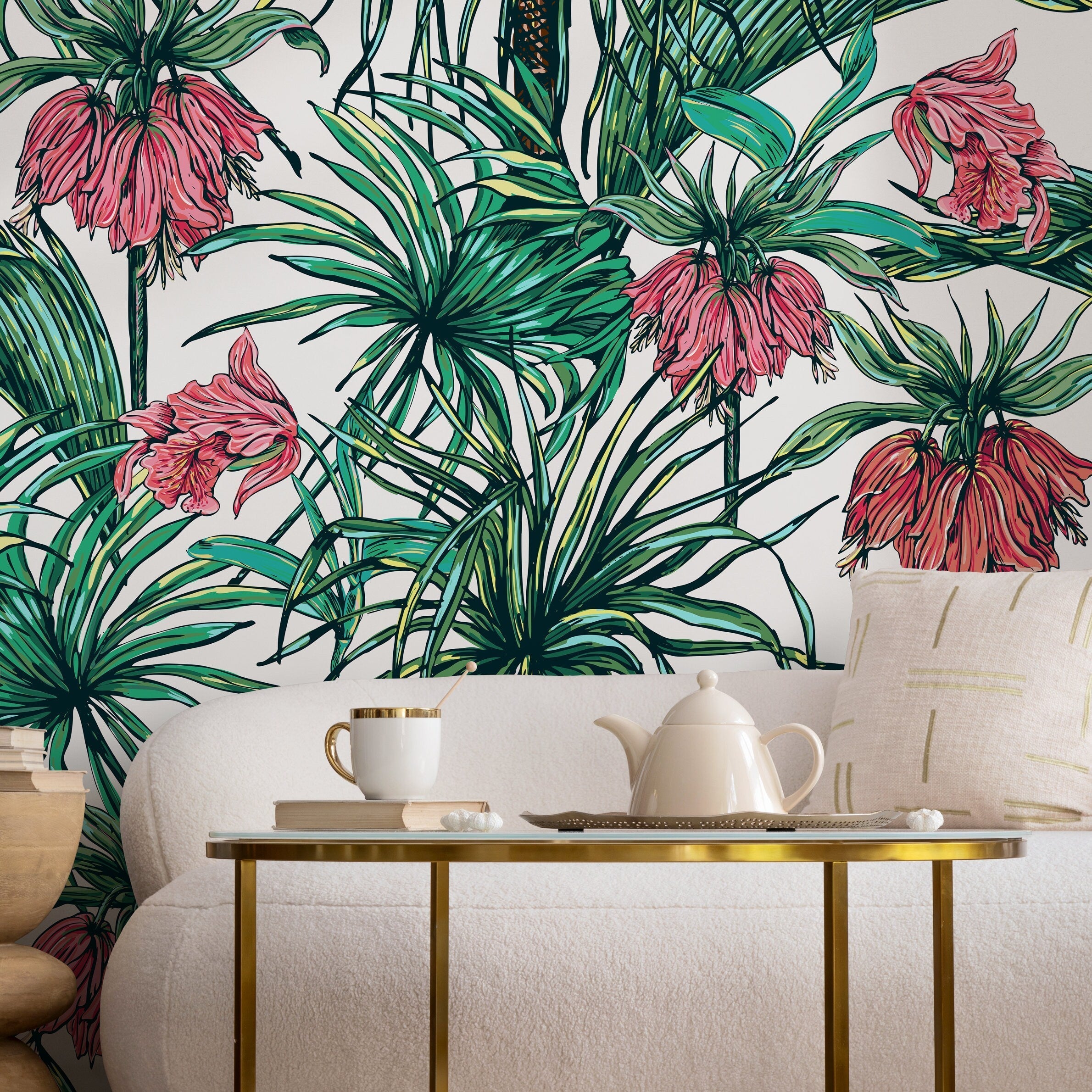 Tropical Wallpaper With Exotic Flowers And Palm Leaves In Green And Red - B114