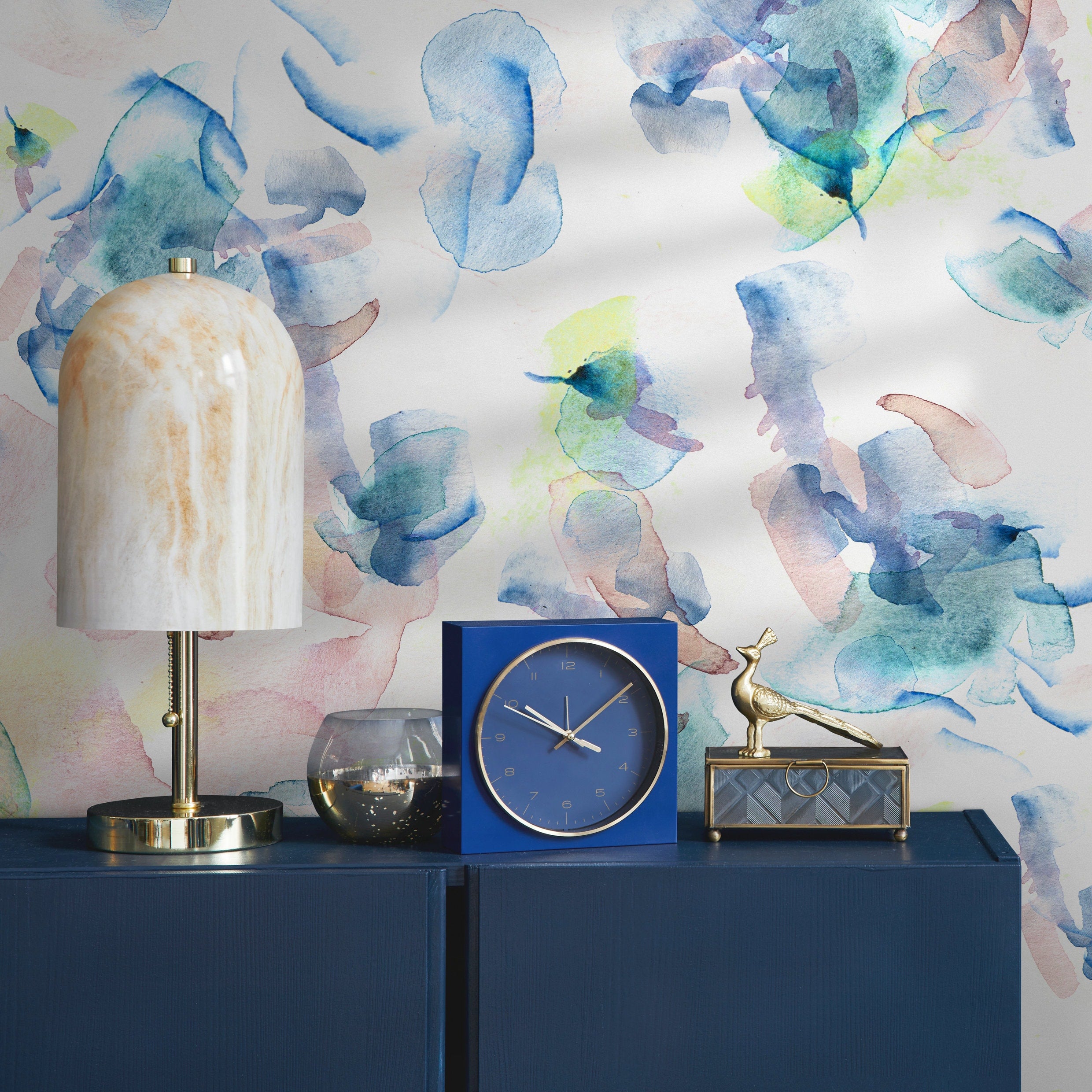 Abstract Wallpaper With A Soft Watercolor Motif In Blue, Pink, And Yellow - B066