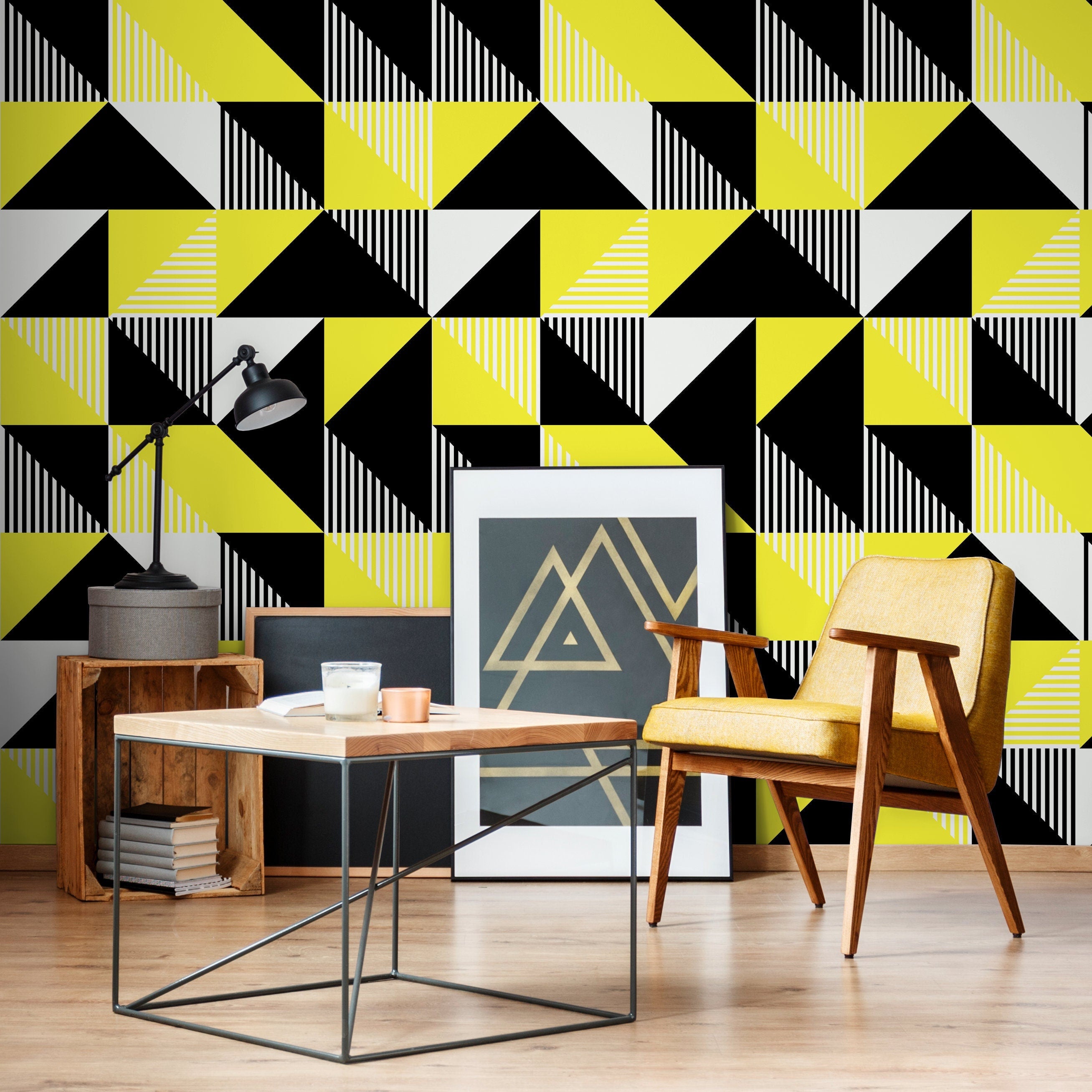 Geometric Wallpaper With A Bold Triangle And Stripe Pattern In Black, Yellow, And Gray - B076