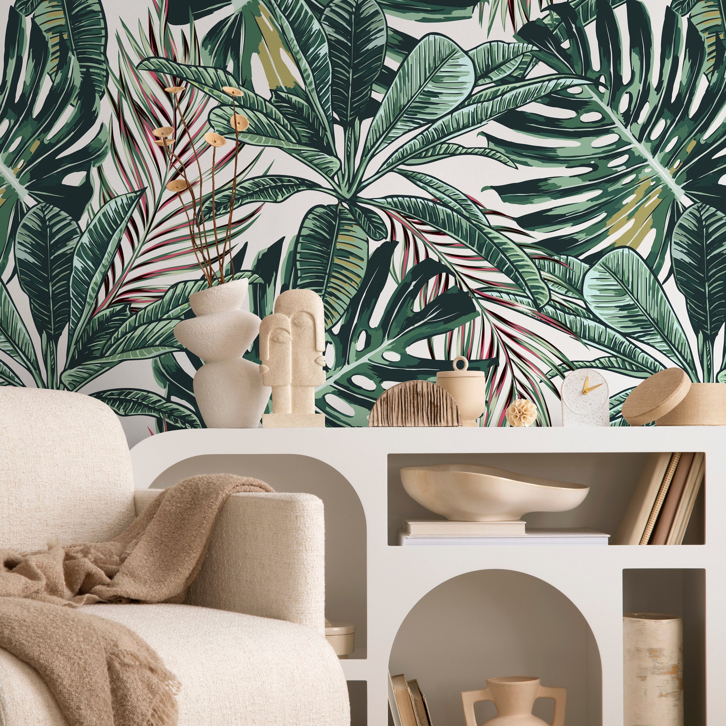 Tropical Wallpaper Featuring Lush Monstera And Palm Leaves In Green And Red - B120