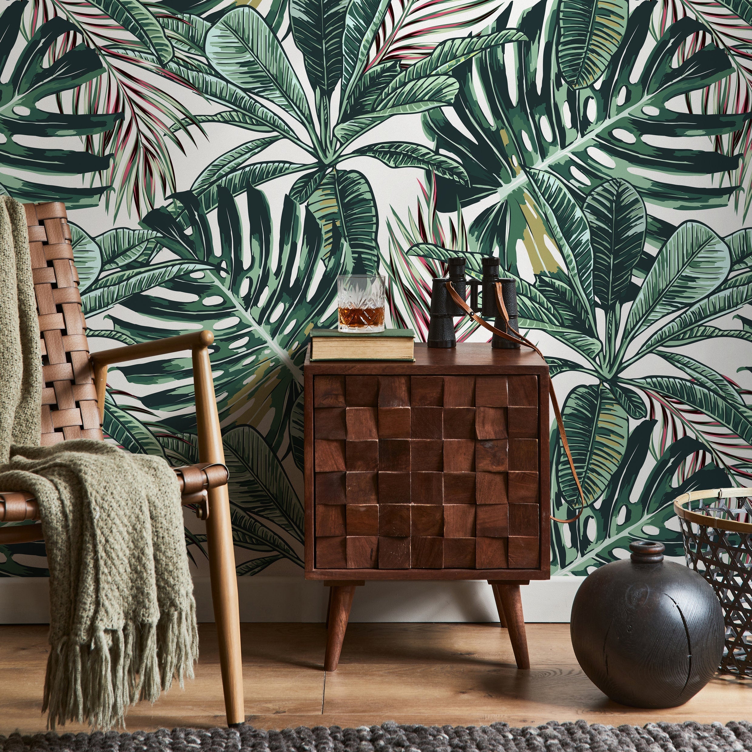 Tropical Wallpaper Featuring Lush Monstera And Palm Leaves In Green And Red - B120