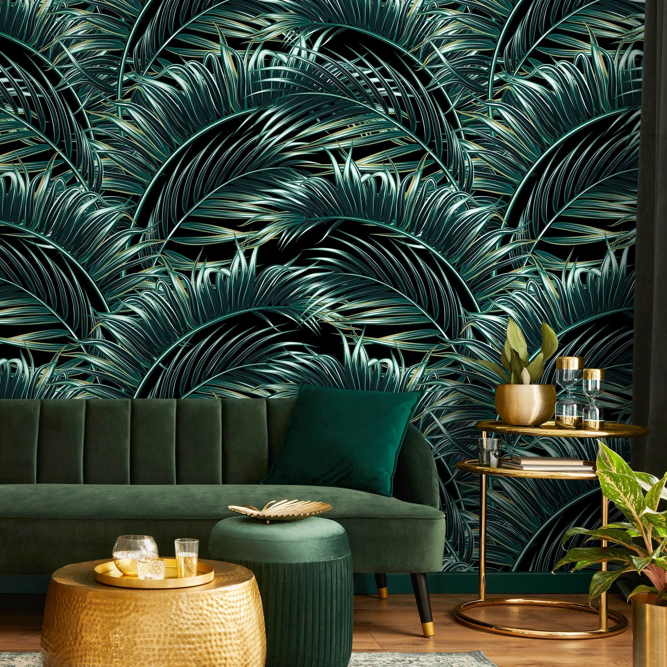 Tropical Wallpaper Featuring Lush Palm Fronds In Green, White, And Black - B123