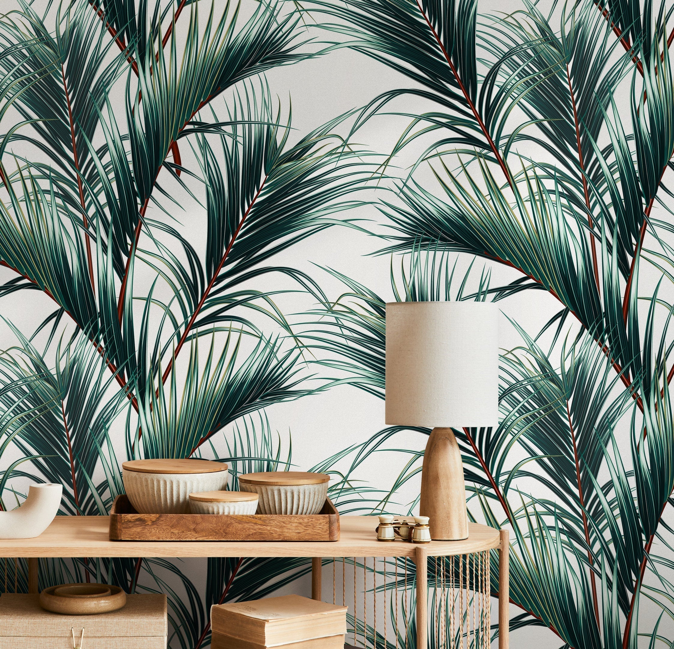 Tropical Wallpaper Featuring Lush Palm Fronds In Green And Brown - B124
