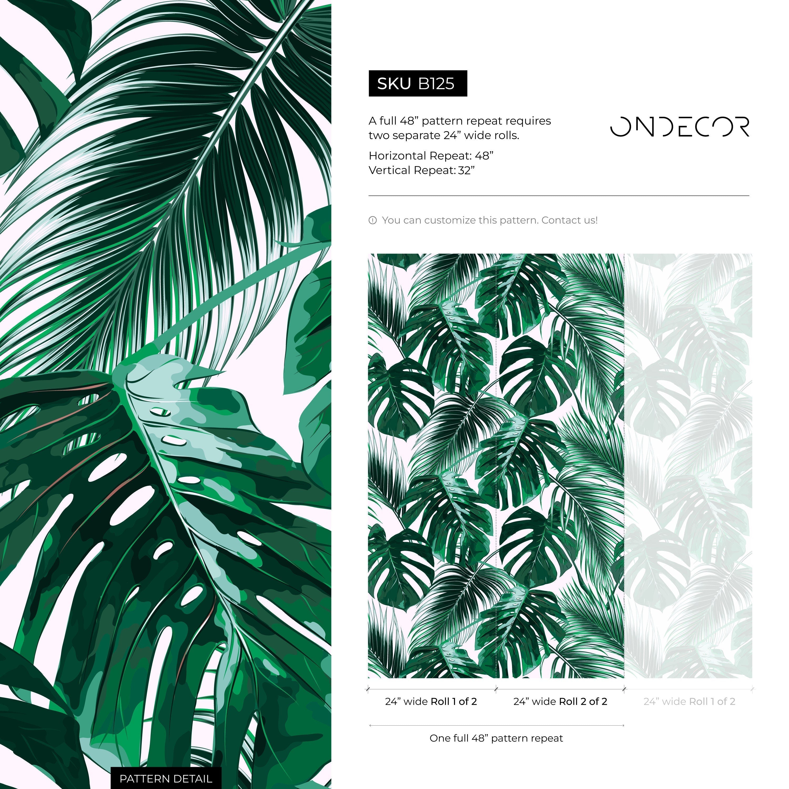 Tropical Wallpaper Featuring Monstera And Palm Leaves In Green - B125