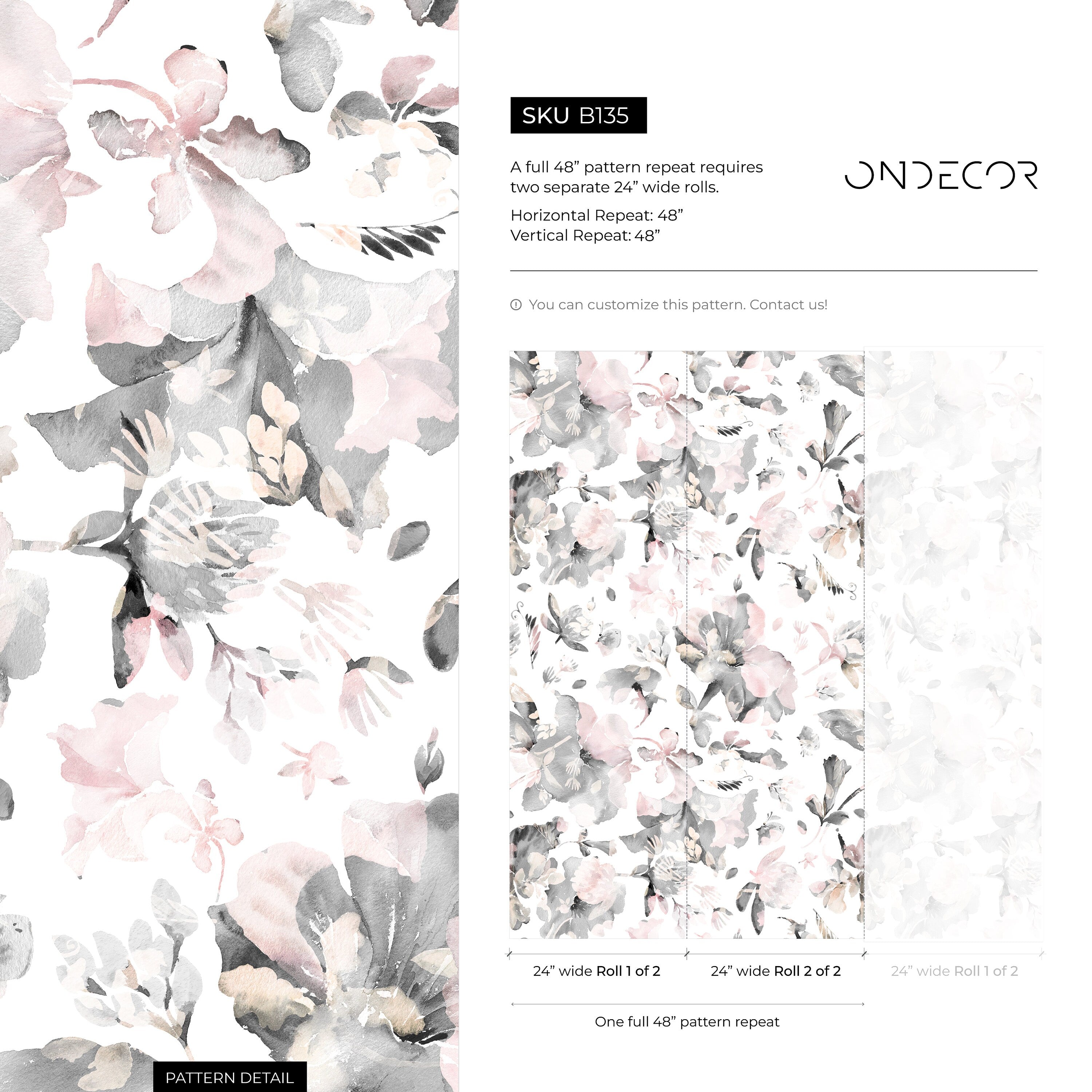 Floral Wallpaper With Abstract Watercolor Flowers In Pink And Gray - B135