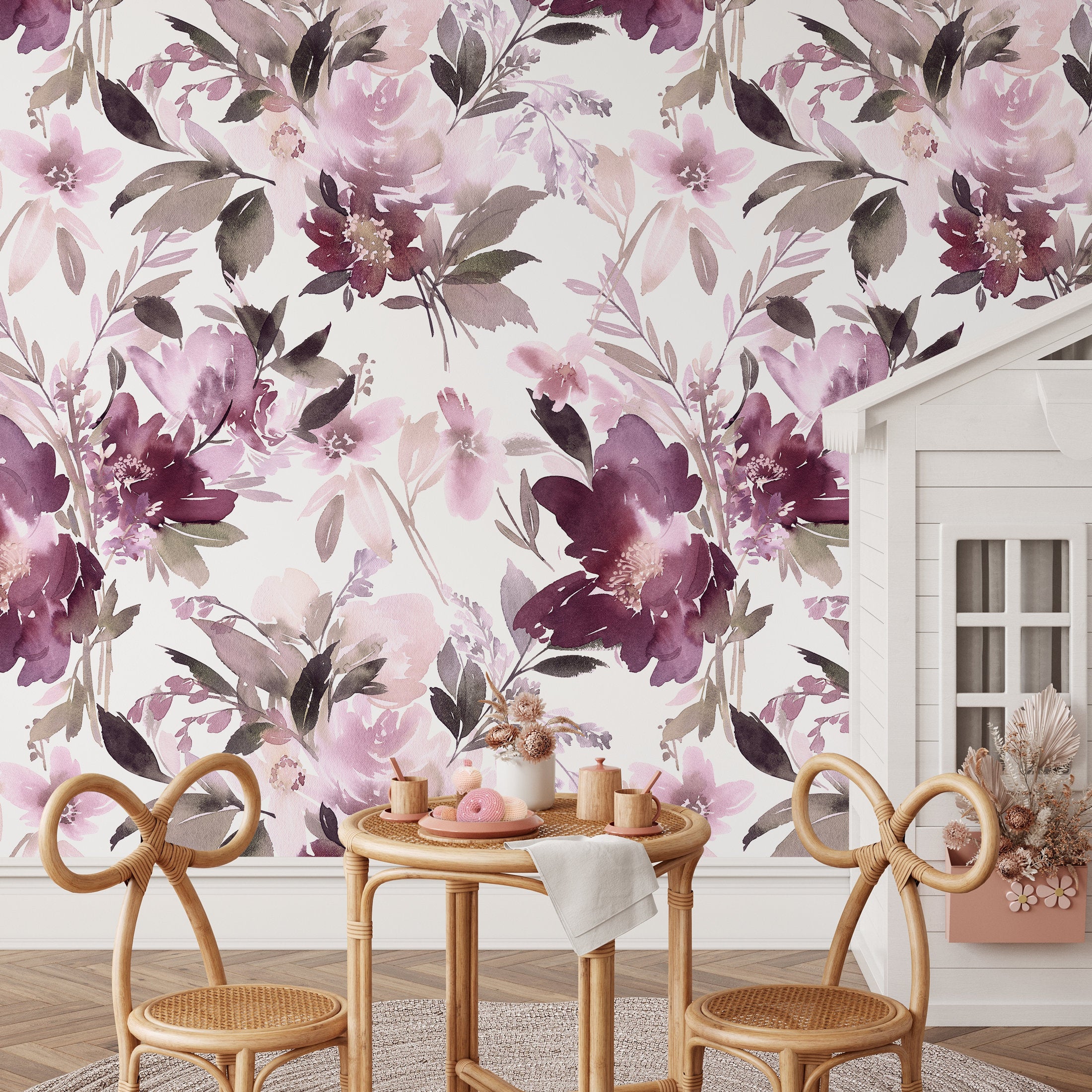 Watercolor Wallpaper With Abstract Blooms In Mauve, Purple, And Brown - B137