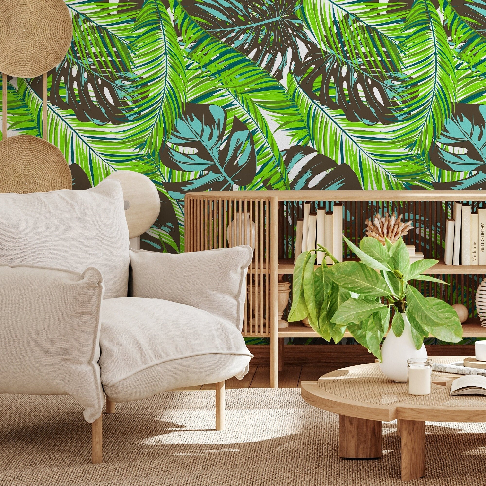 Tropical Wallpaper With Monstera And Palm Leaves In Green, Teal, And Brown - B138