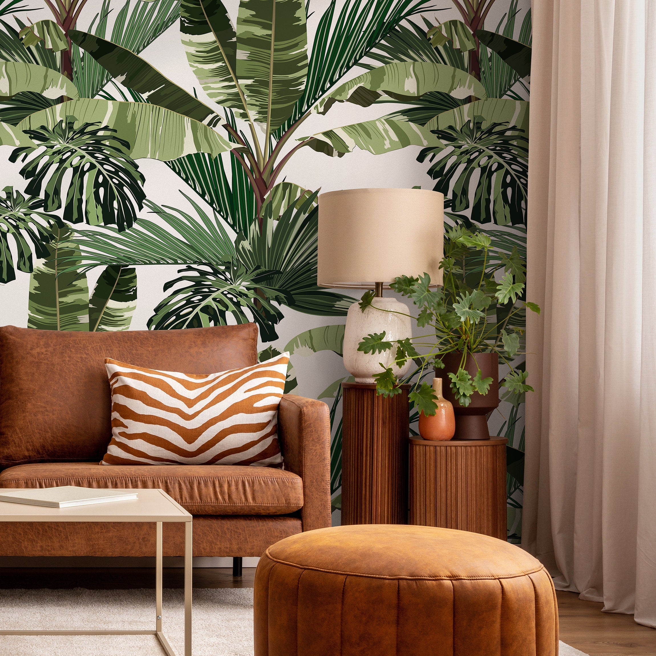 Tropical Wallpaper With Large Jungle Leaves In Green And Brown - B151