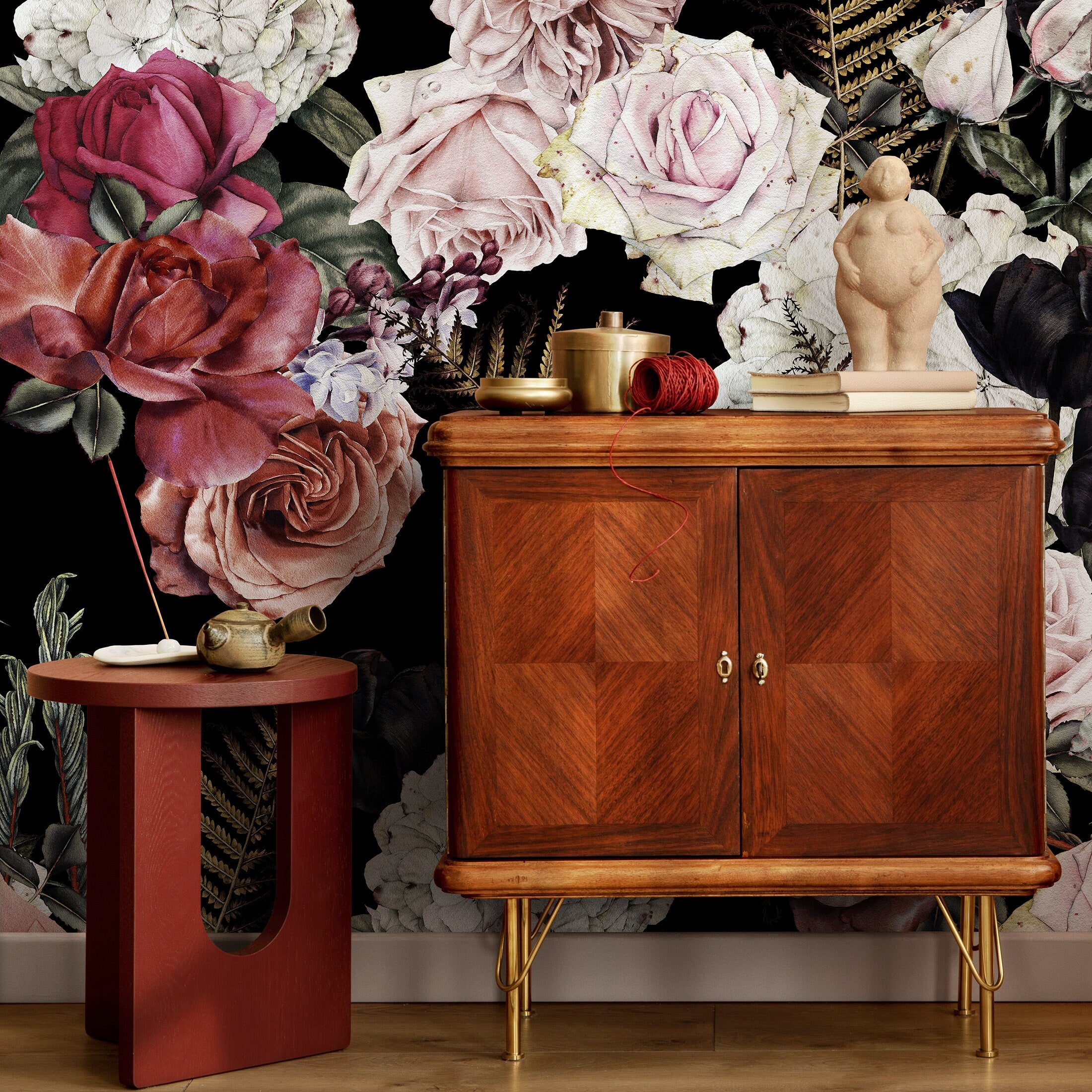 Dark Floral Wallpaper With A Moody Rose Motif In Pink And Red - B169