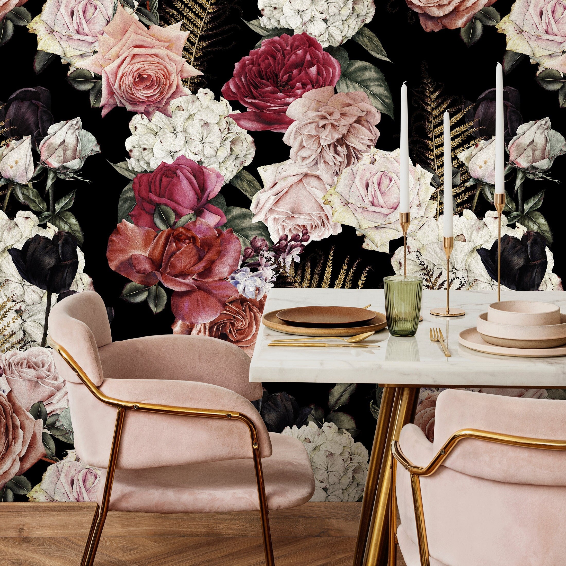 Dark Floral Wallpaper With A Moody Rose Motif In Pink And Red - B169