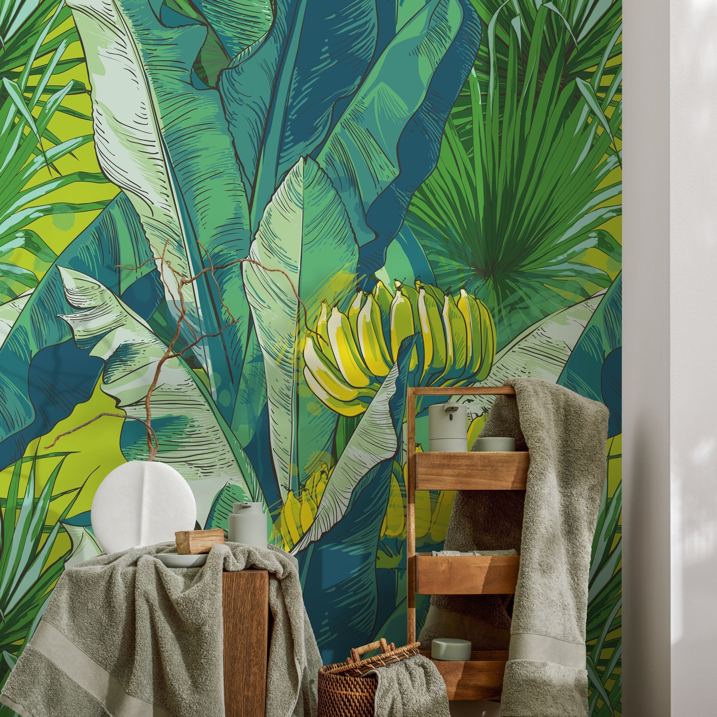 Tropical Wallpaper With Sketched Banana Leaves In Green And Yellow - B171