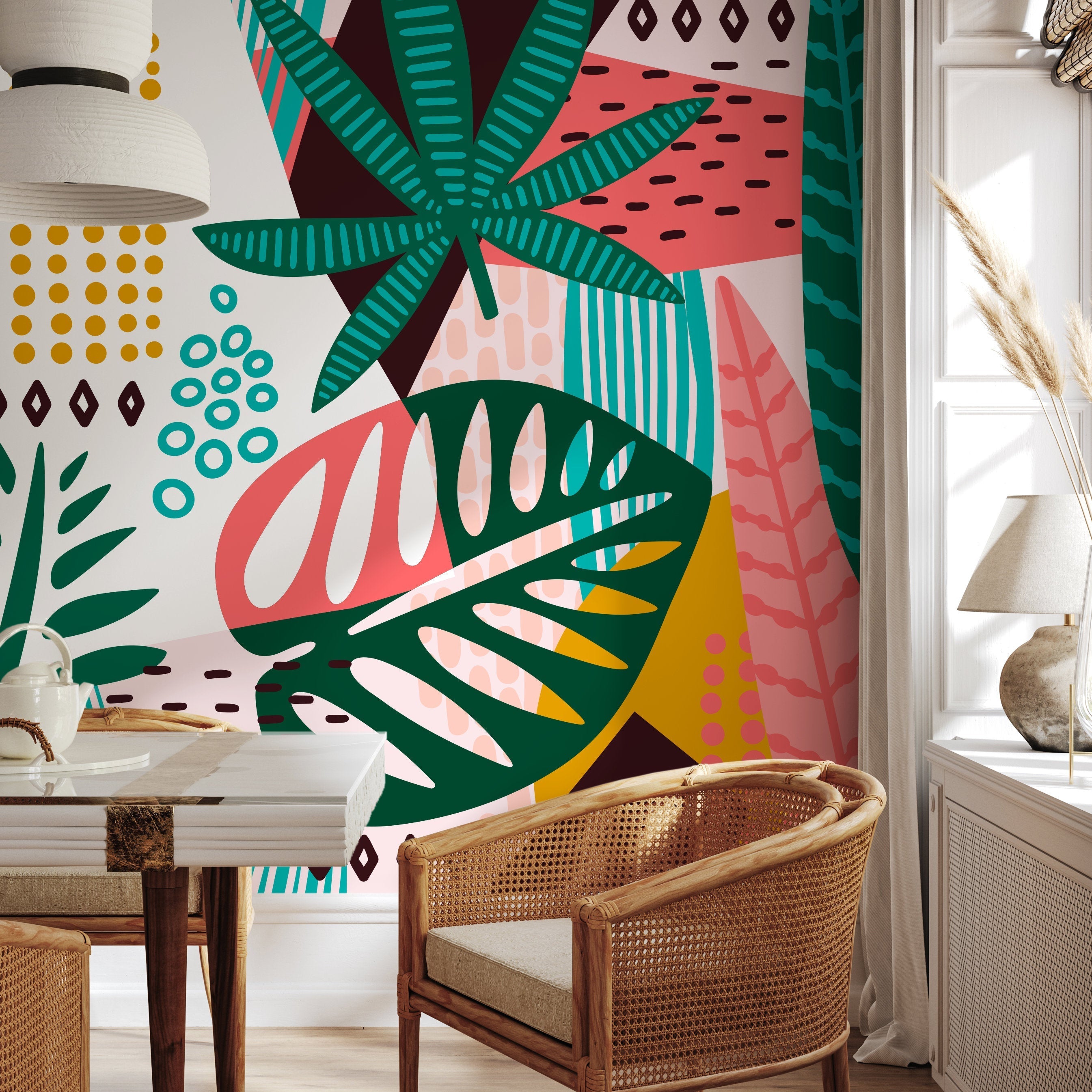 Tropical Abstract Wallpaper With Stylized Leaves In Green, Pink, And Yellow - B173