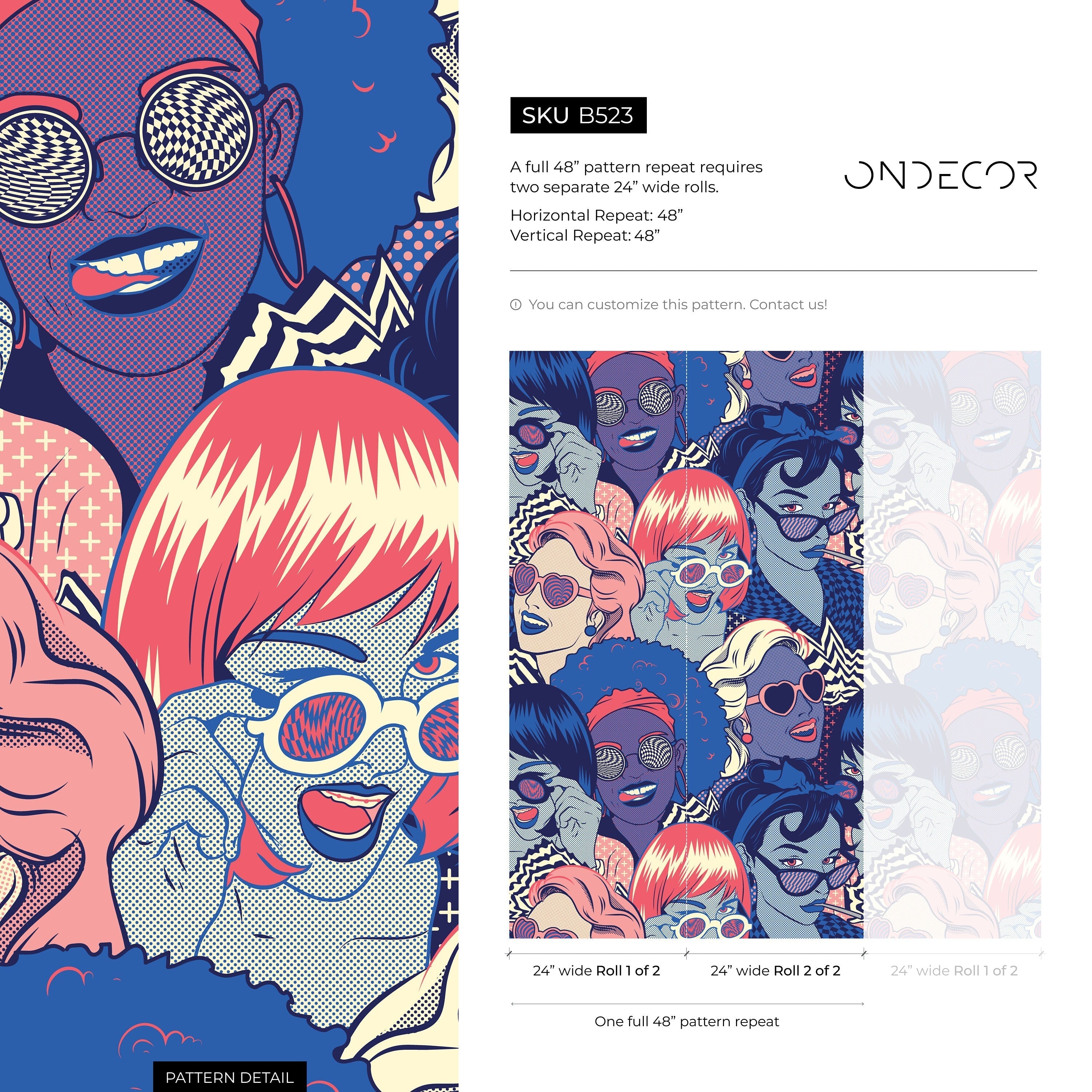 Pop Art Wallpaper Featuring Graphic Female Portraits In Blue, Pink, And Red - B523