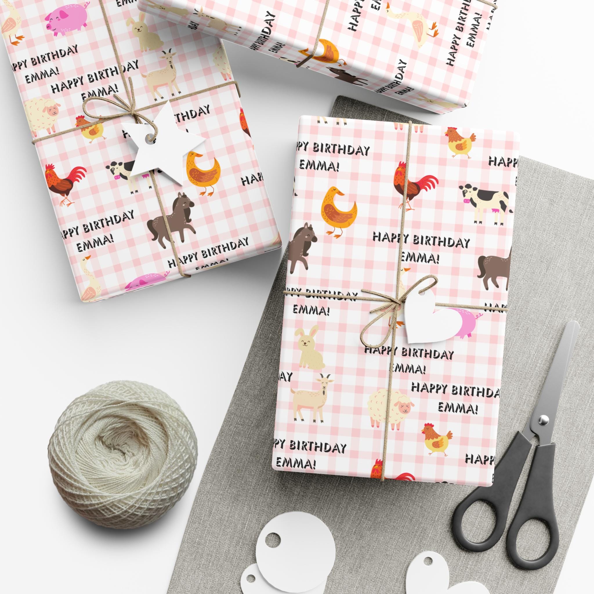 Farm Animal Gingham Personalized Birthday Wrapping Paper