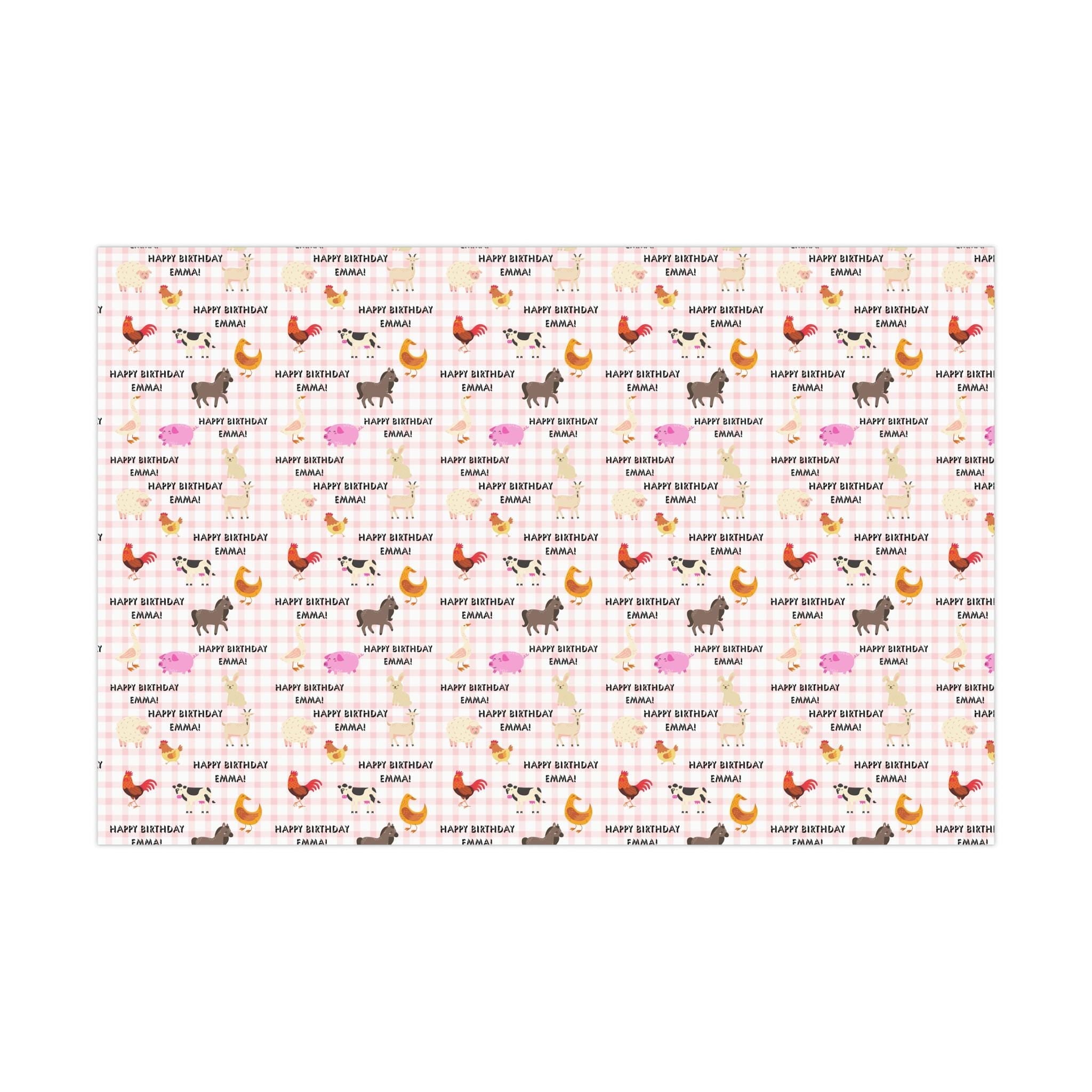 Farm Animal Gingham Personalized Birthday Wrapping Paper