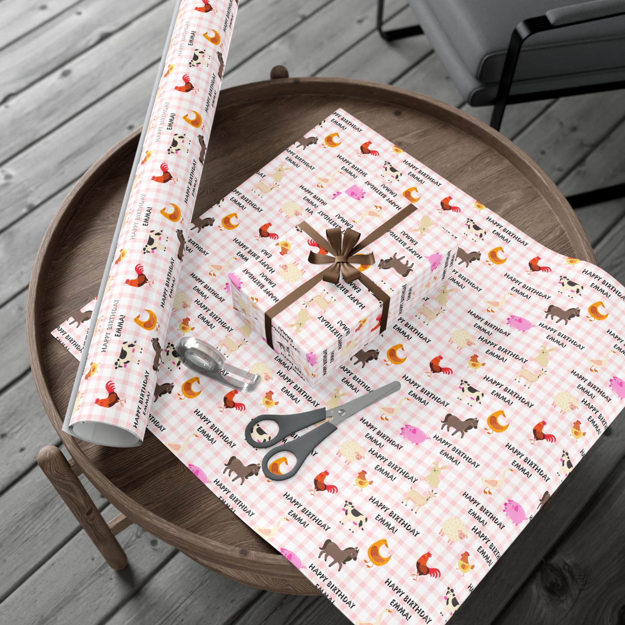 Farm Animal Gingham Personalized Birthday Wrapping Paper