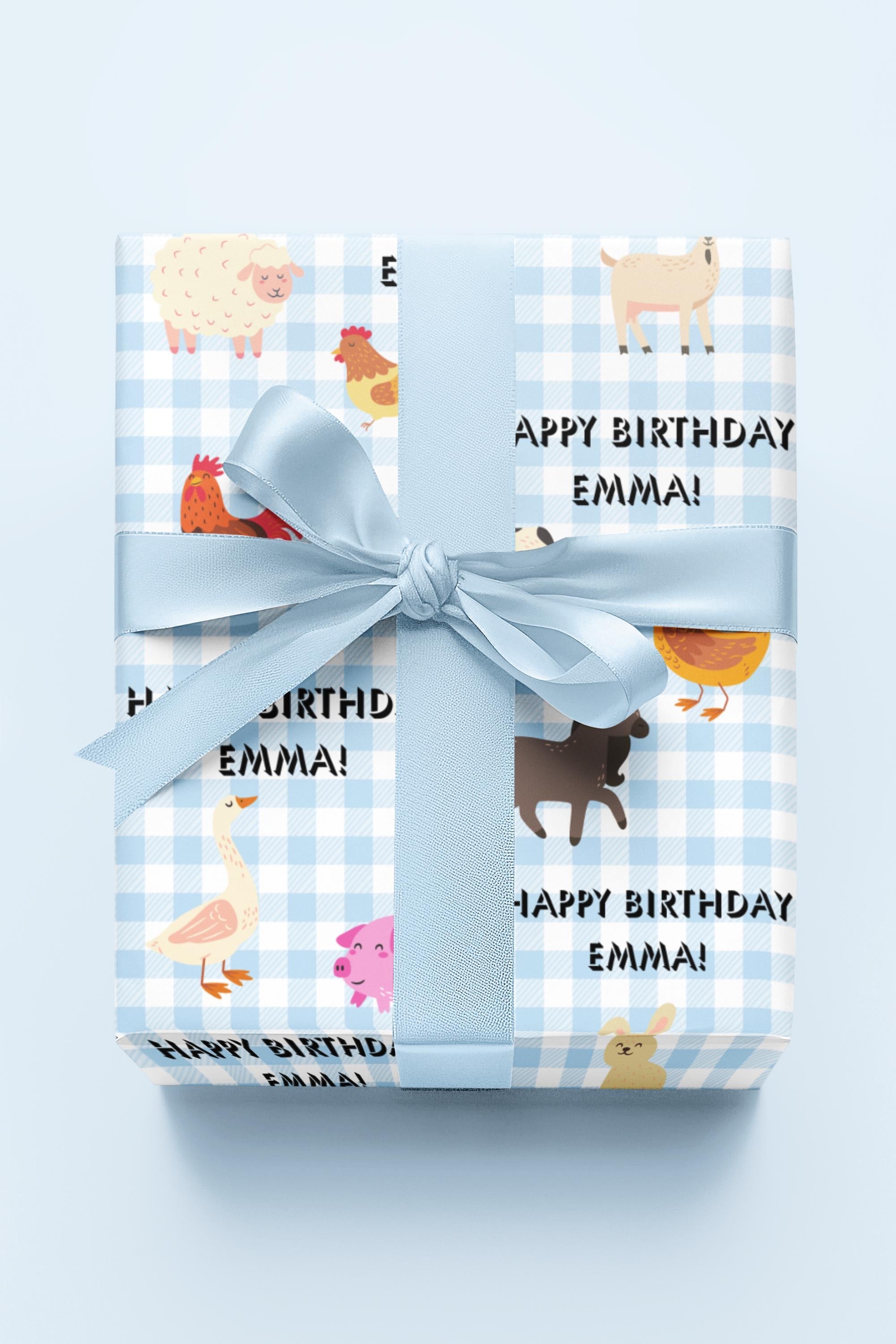 Farm Animal Gingham Personalized Birthday Wrapping Paper