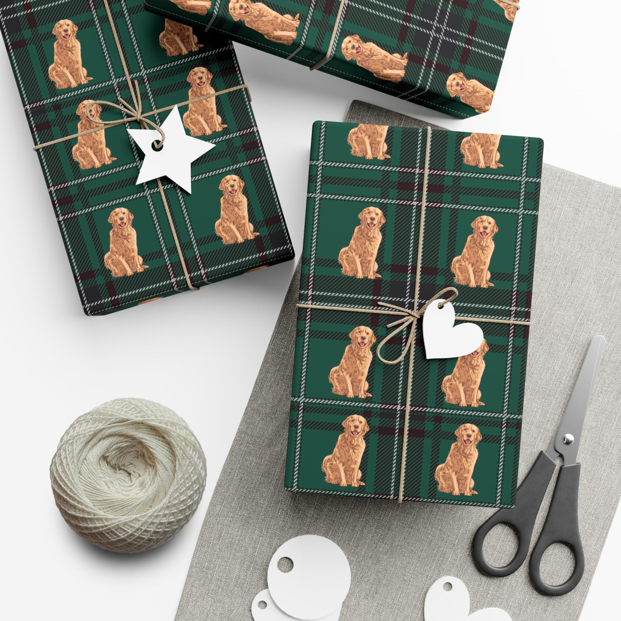Golden Retriever Green Plaid Wrapping Paper