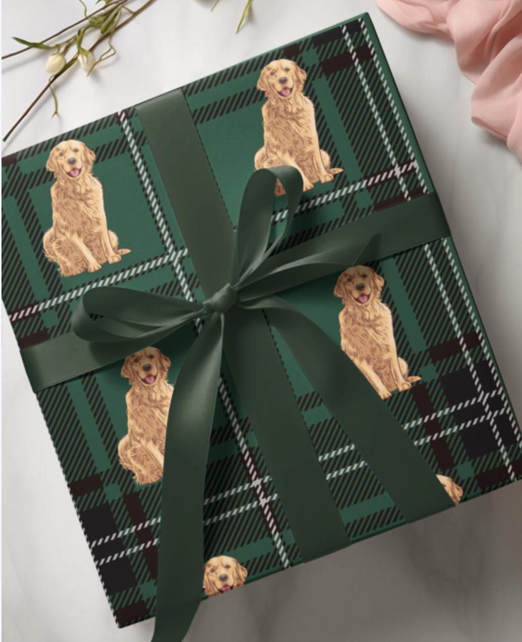 Golden Retriever Green Plaid Wrapping Paper